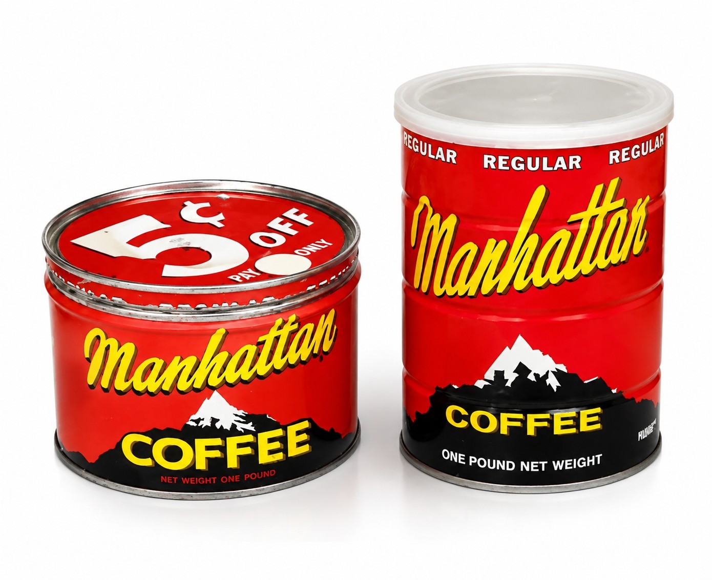 Vintage Manhattan Coffee Tins Lot of 2 St Louis 1 Lb 5¢ Off Advertising Cans