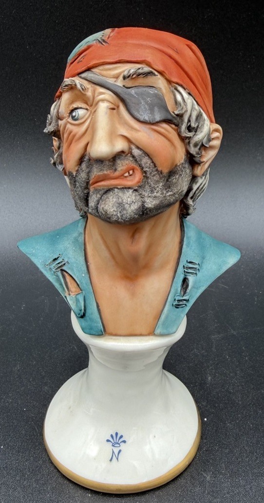 Vintage Porcelain Pirate With Eyepatch Bust Pedestal Base Artist Signed