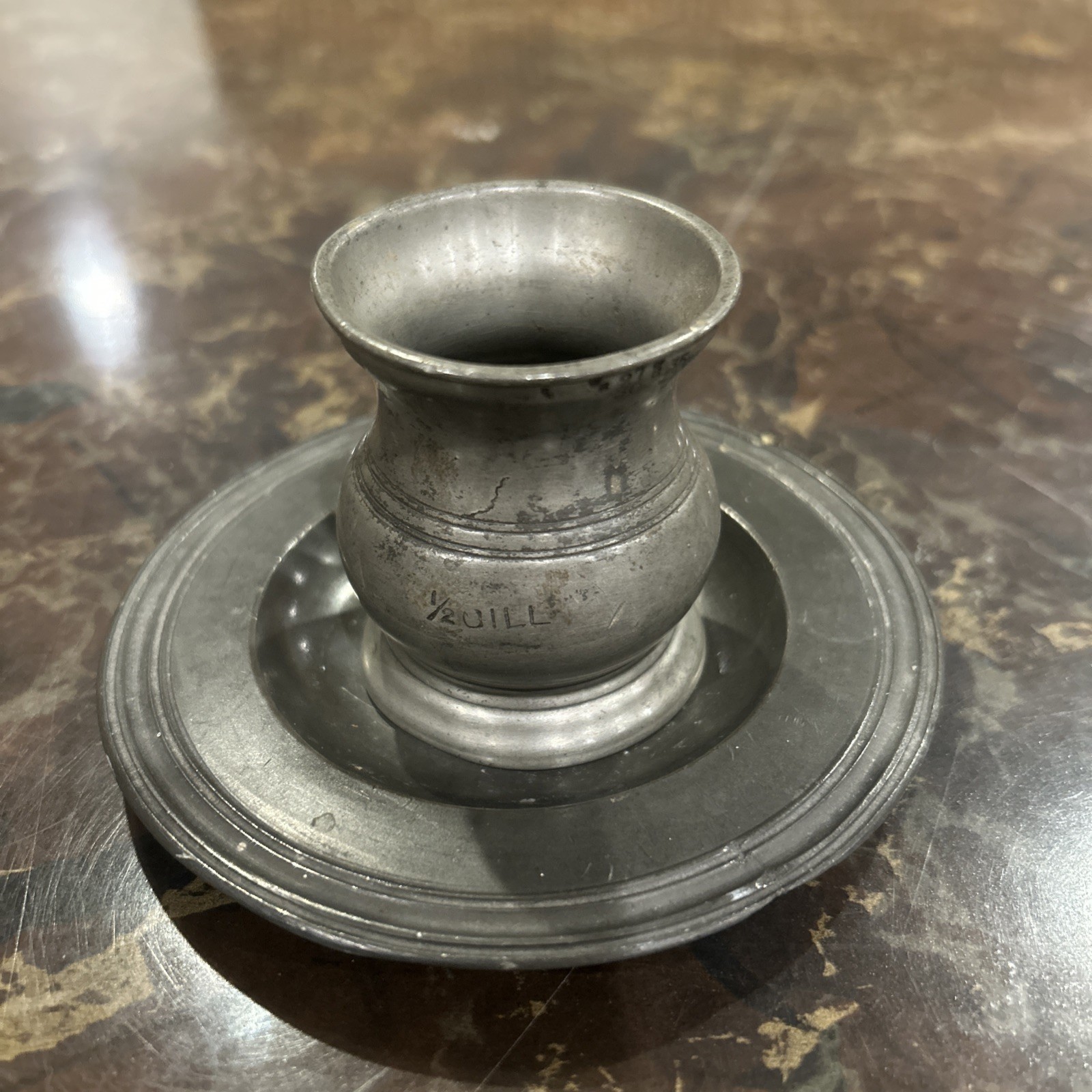 Antique 18Th-Century English Pewter 1/2 Gill Measure Cup And 4-1/2” Plate Set