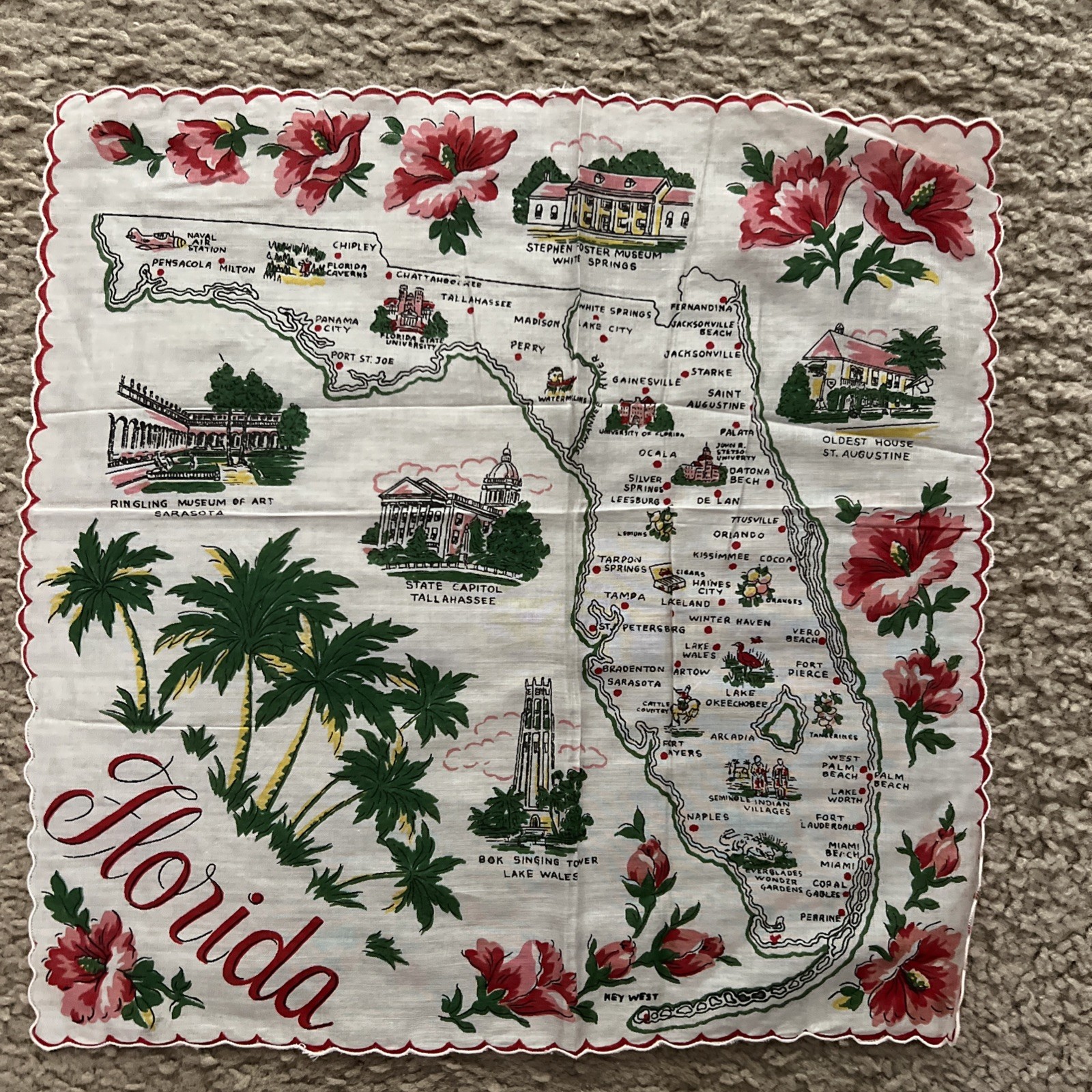 VINTAGE SOUVENIR STATE MAP HANK HANKERCHIEF FLORIDA VINTAGE SOUVENIR STATE MAP HANK HANKERCHIEF FLORIDA