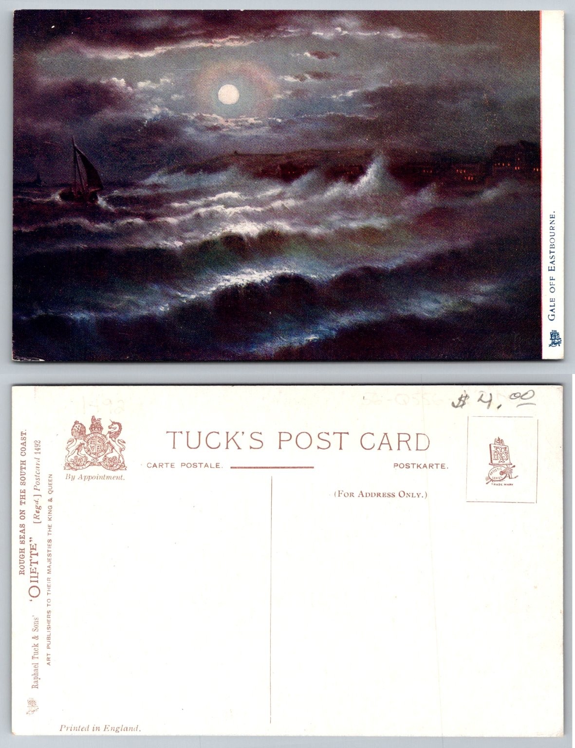 Vintage Oilette Postcard - Rough Seas, Gale Off Eastbourne Moonlight Vintage Oilette Postcard - Rough Seas, Gale Off Eastbourne Moonlight