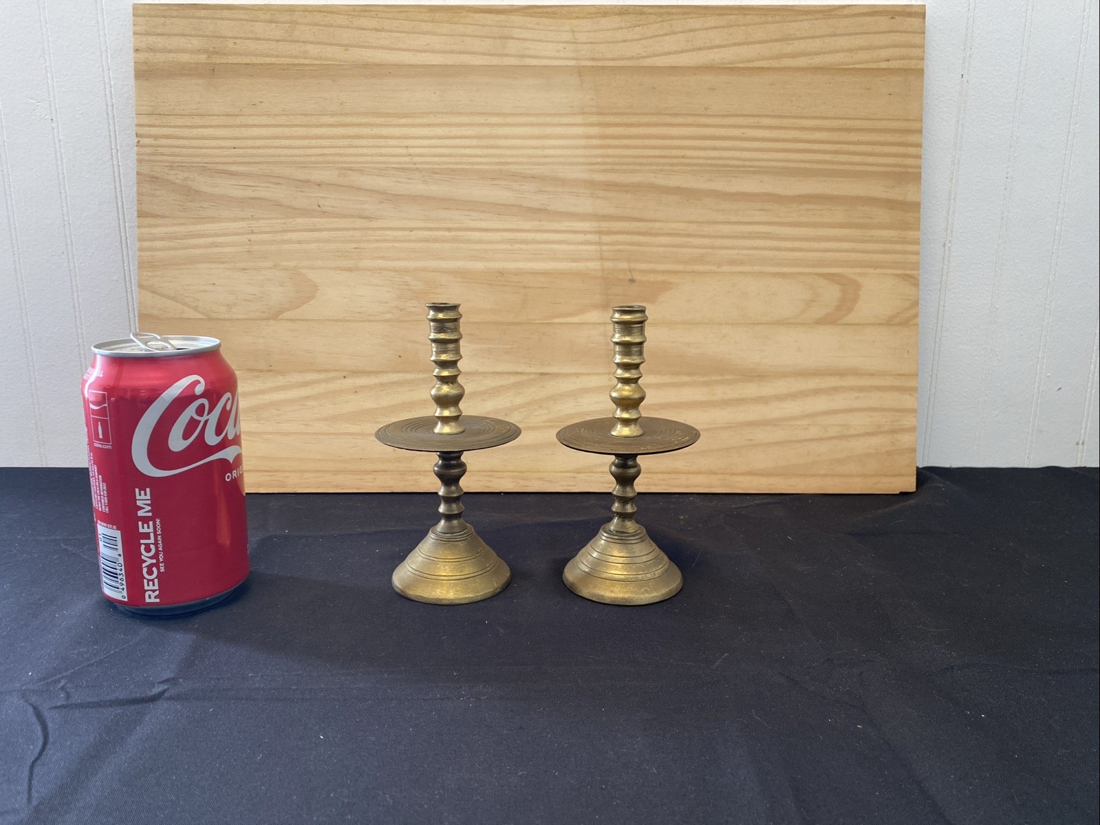 Pair Small Antique 18th/19th Century Dutch Turned Brass Mid Drip Candlesticks