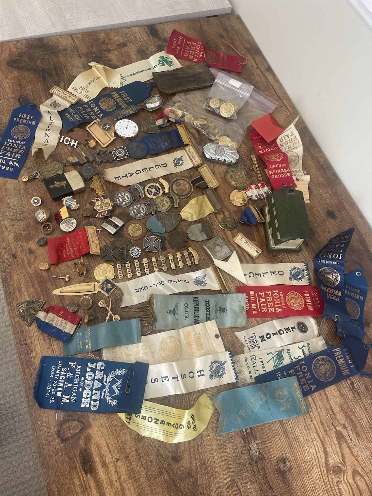 Large Junk Drawer Lot Miliary Medals, Masonic, Lighter, Metal Bank, Ribbons Large Junk Drawer Lot Miliary Medals, Masonic, Lighter, Metal Bank, Ribbons