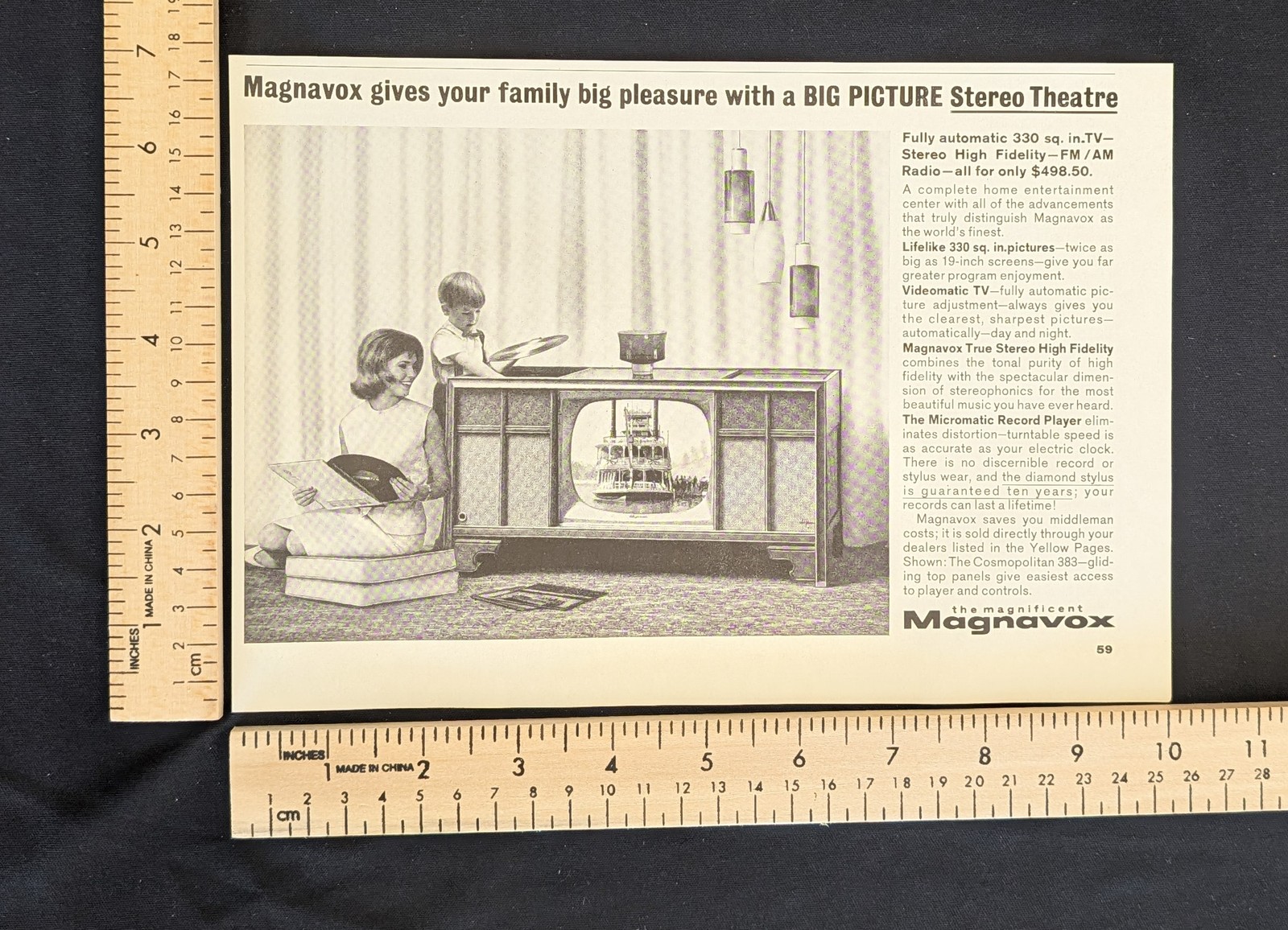 Vintage 1963 Magnavox Big Picture Stereo Theatre B&W Print Ad Half Page