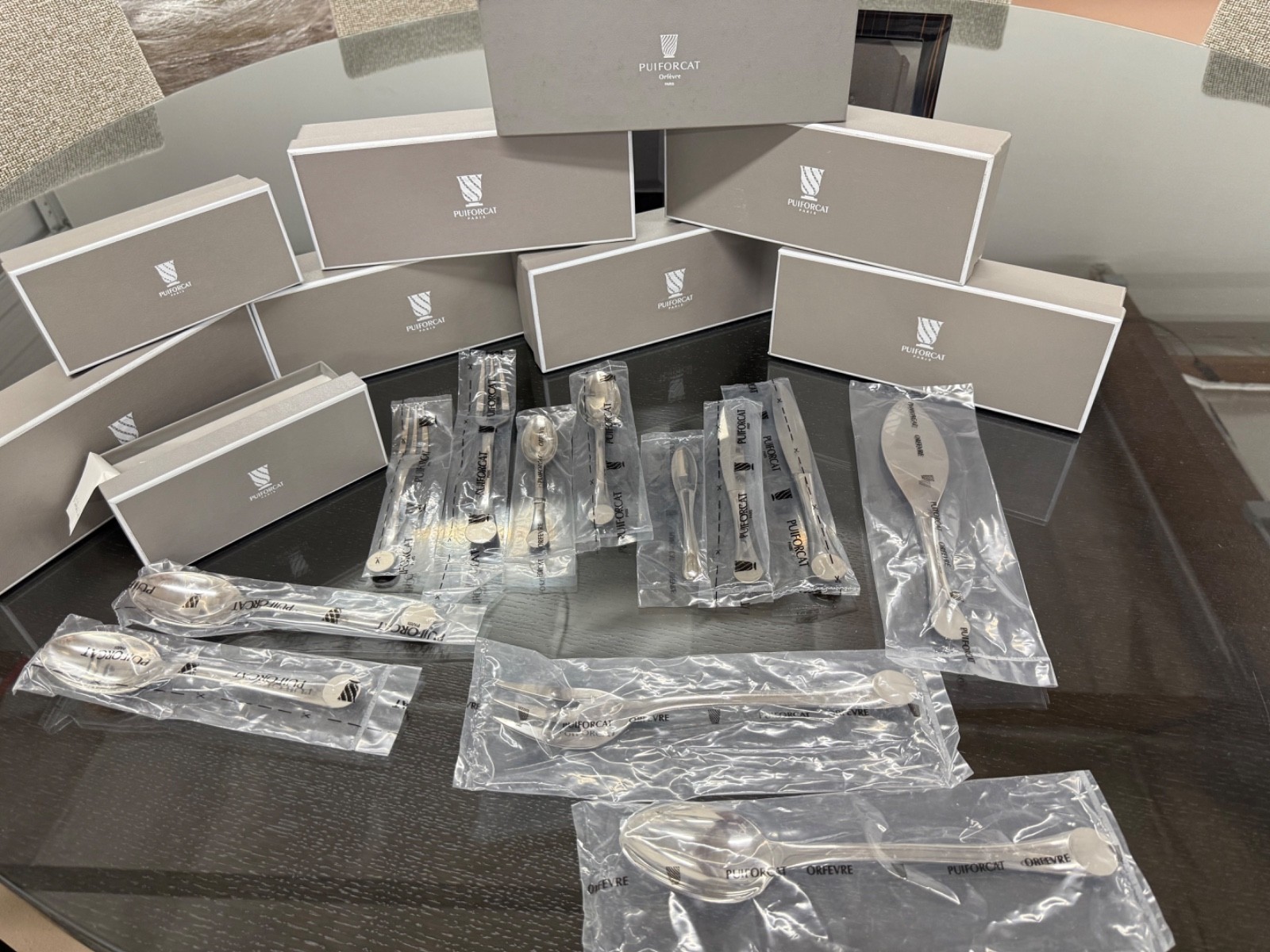 Rare Puiforcat  Wave Stainless Cutlery Set for 8 W/Serving Pieces (51 pcs total)
