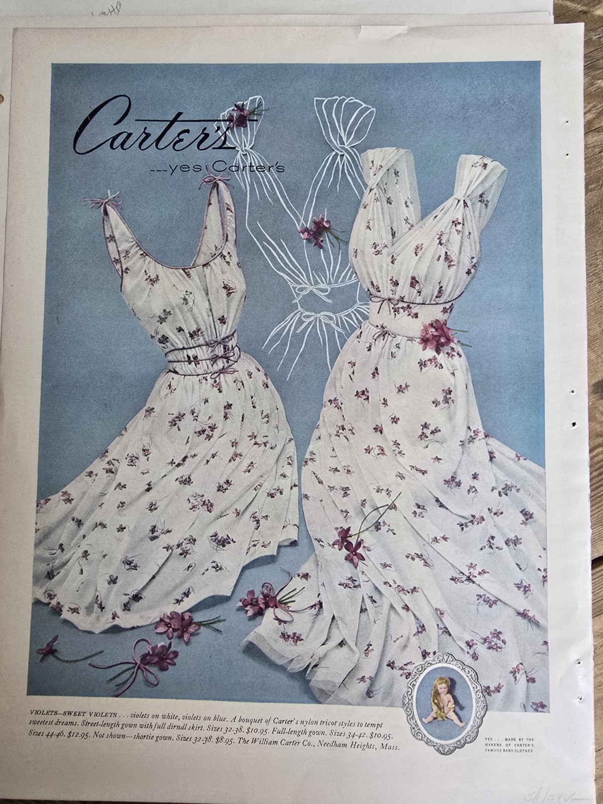 1959 Women's Carter's Sweet Violets Floral Gowns Lingerie Vintage Fashion ad