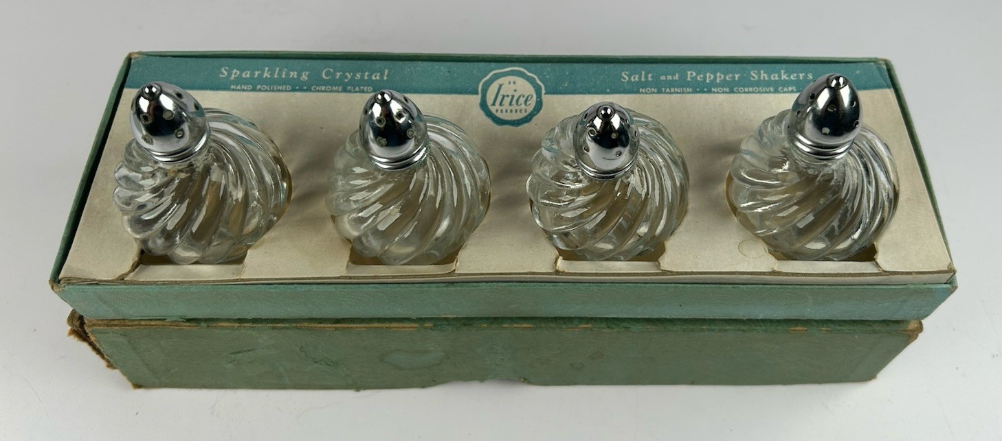 Vintage IRICE Sparkling Crystal Salt & Pepper Shakers Original Box Lot Of 4