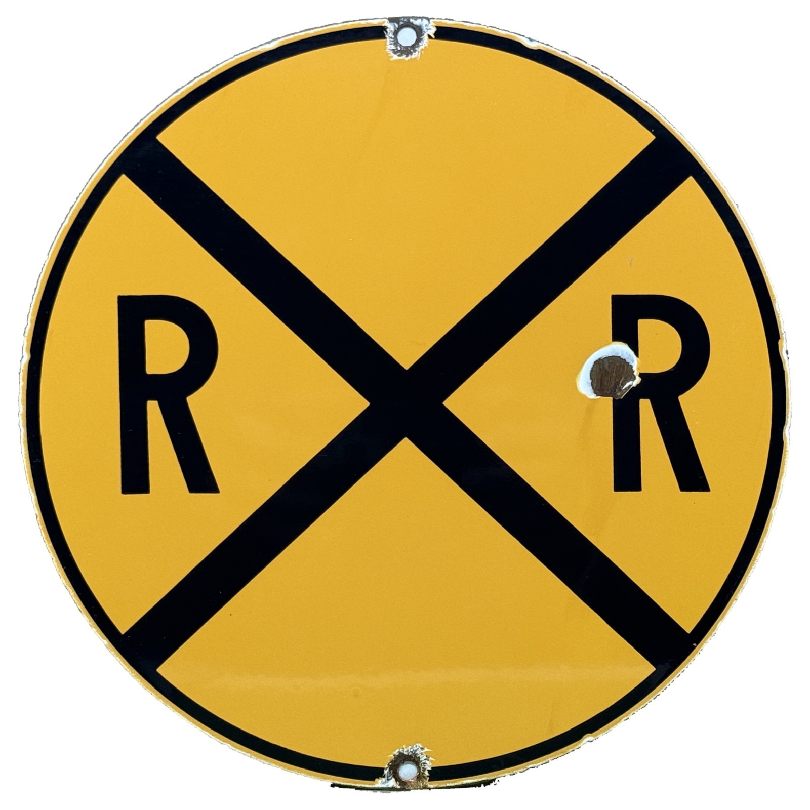 VINTAGE RAILROAD CROSSING RR PORCELAIN SIGN ROUND YELLOW TRAIN DEPOT RAILWAY