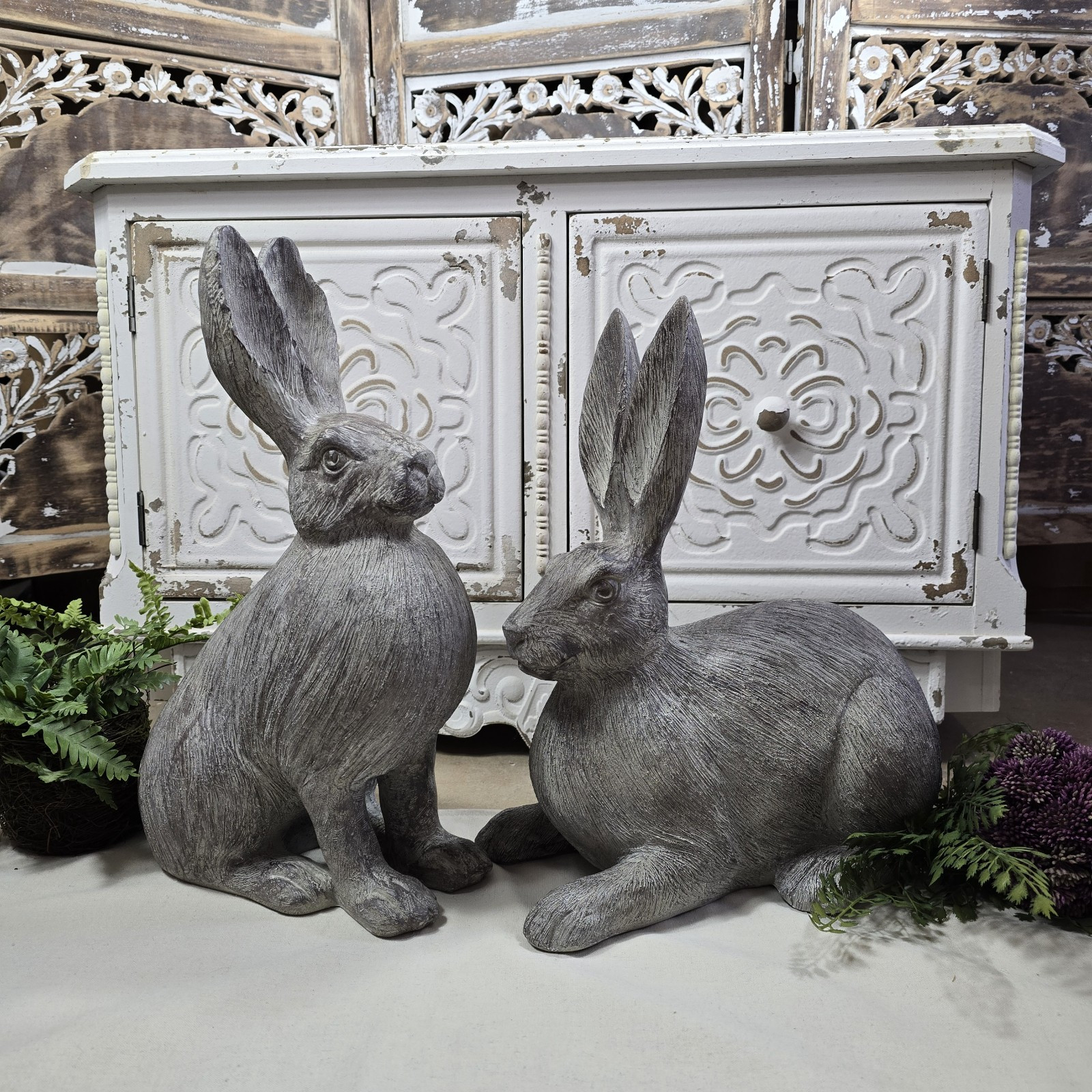 Gray Bunny Rabbit Set of 2 Textured Resin  16
