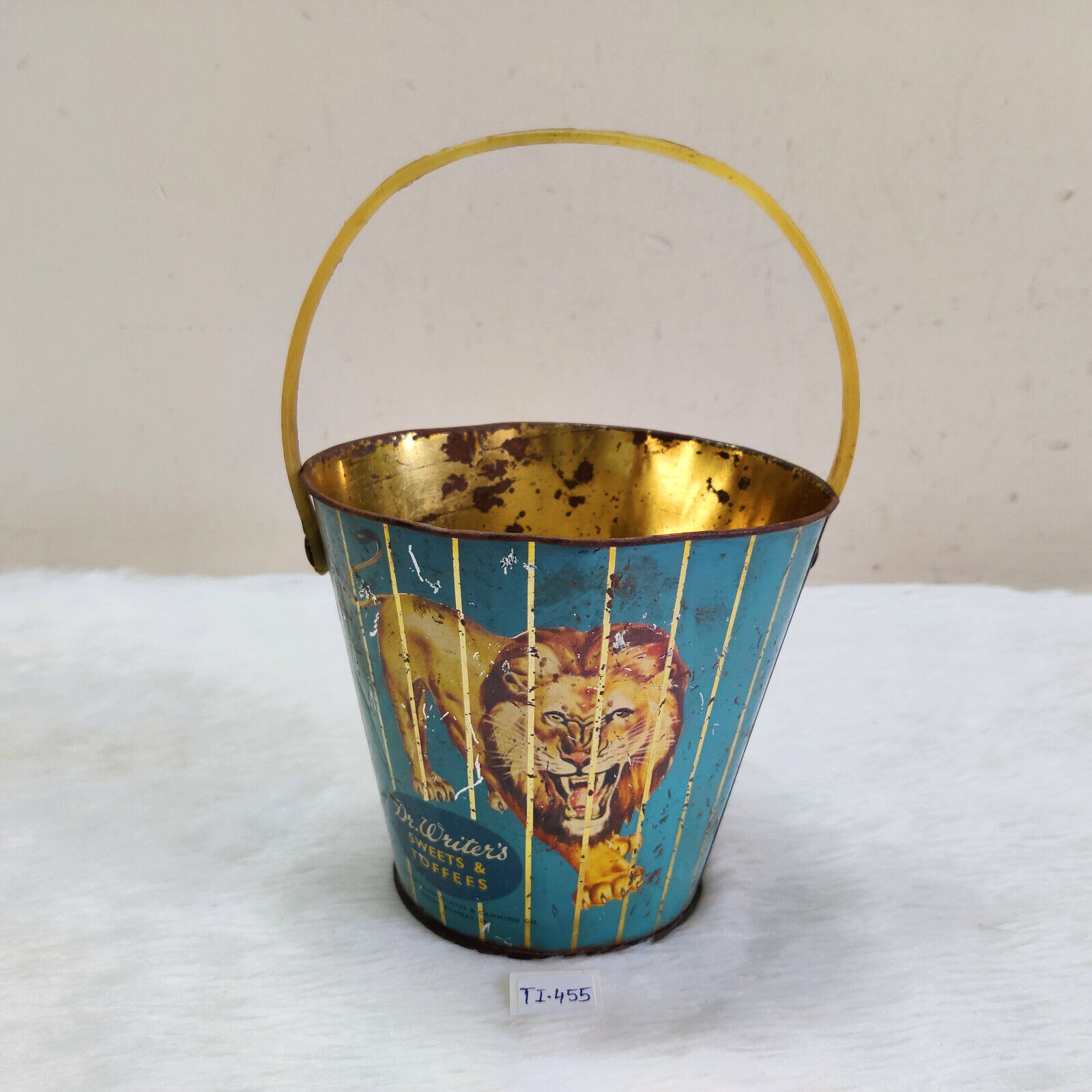 1940 Vintage Lion Graphics Dr Writers Sweet Toffees Advertising Tin Bucket TI455