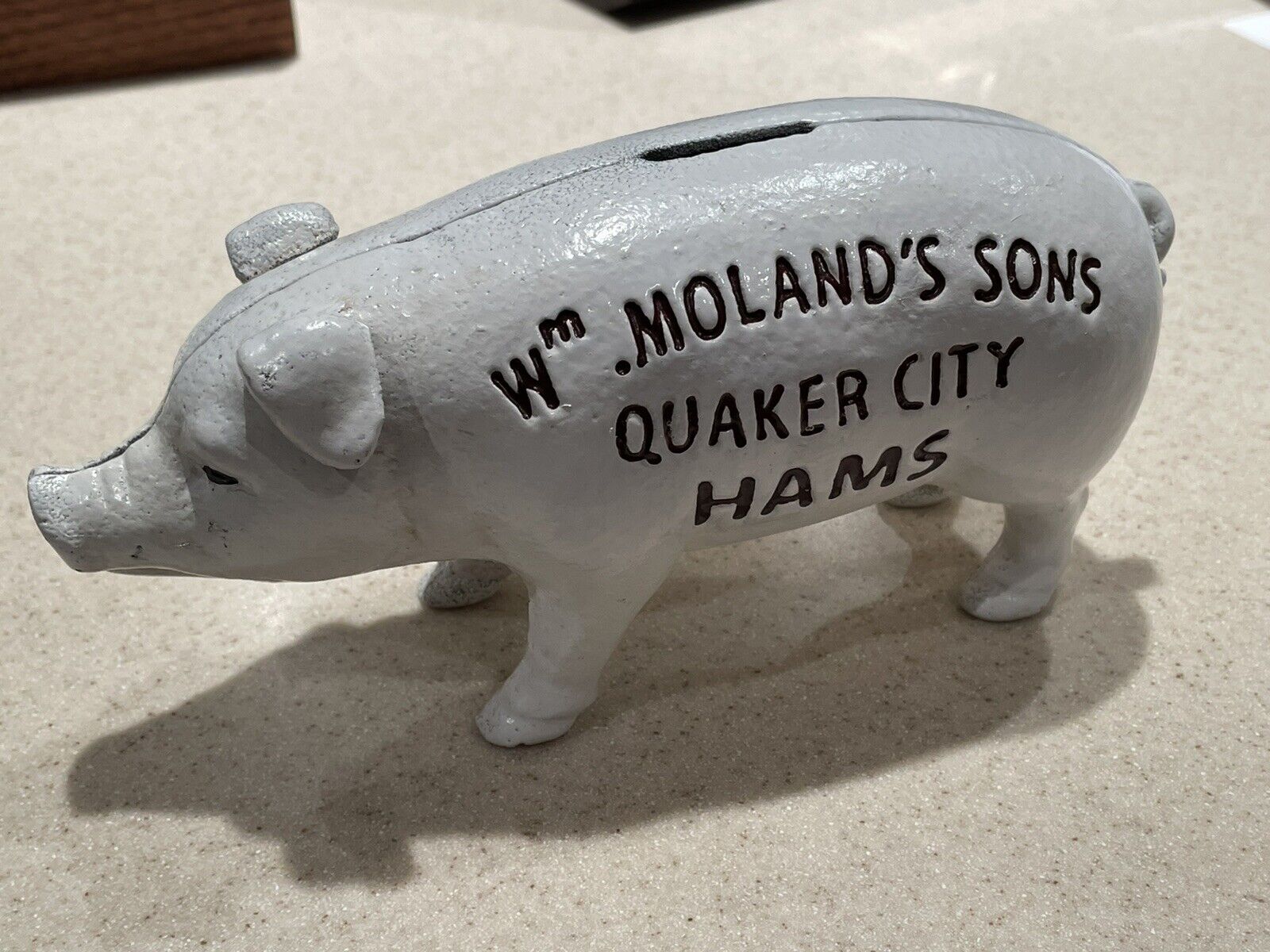 Wm. Moland's Sons Quaker City Hams White Pig Cast Iron Coin Piggy Bank