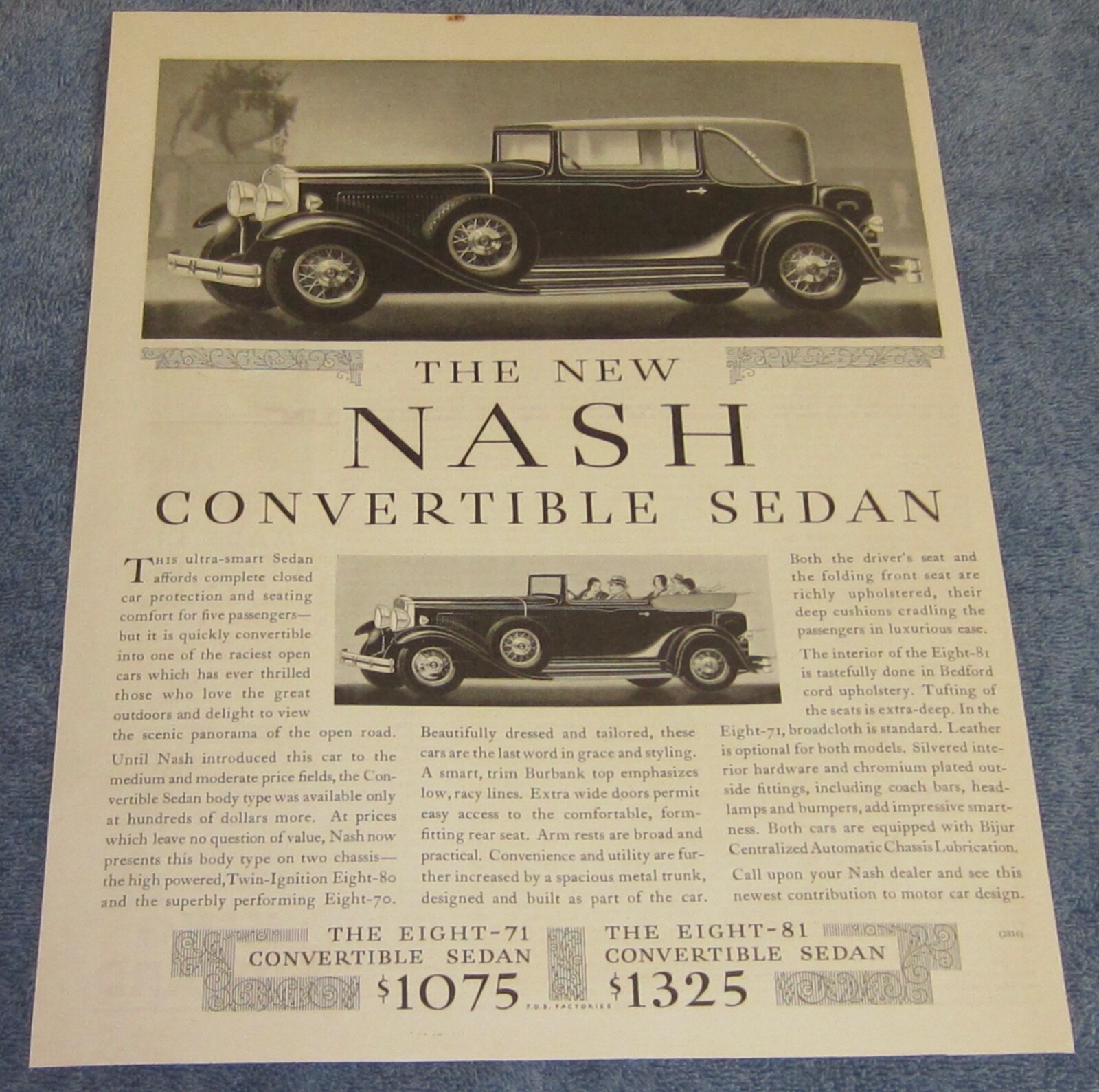 1931 Nash 8-80 Convertible Sedan Vintage Large Ad \