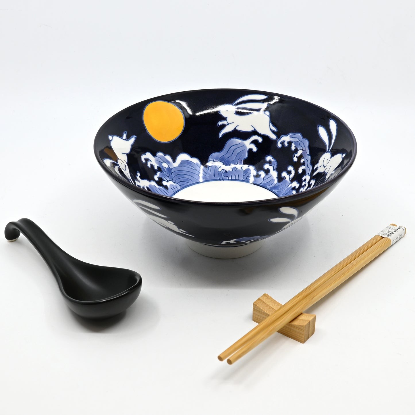 Blue Sky Moon Rabbit Ceramic Ramen Rice Bowl With Soup Spoon Chopsticks And Rest