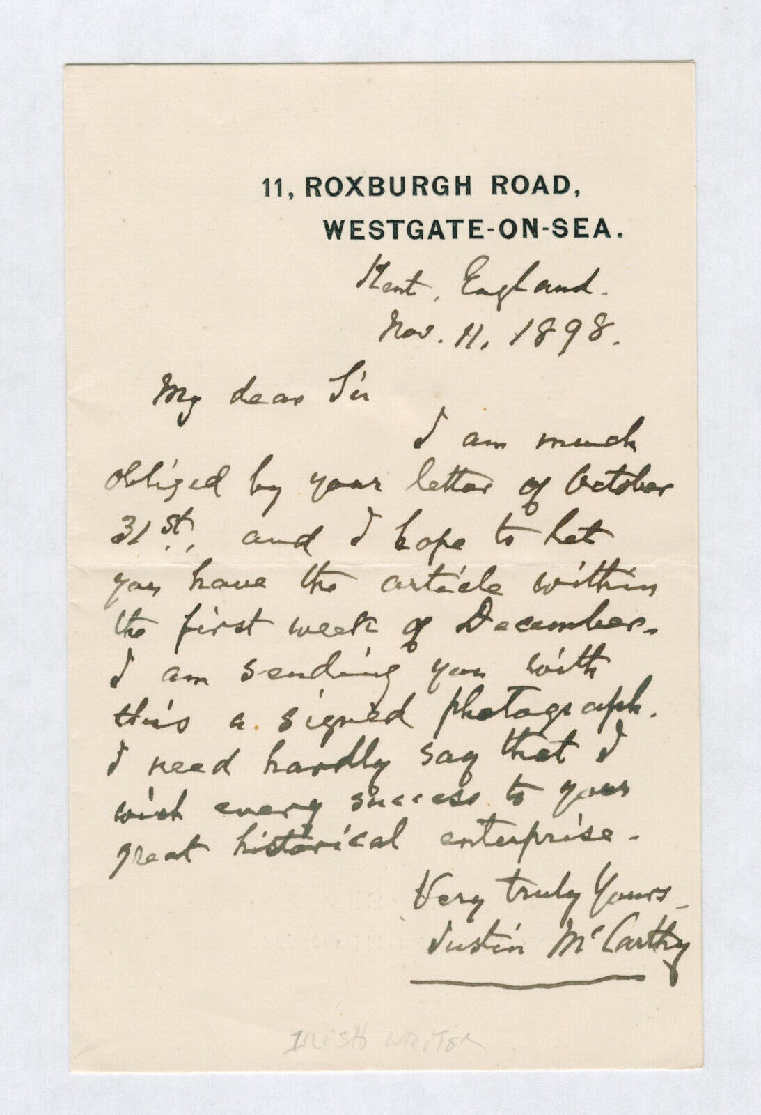 Justin McCarthy SIGNED AUTOGRAPH Letter Irish Nationalist 1898