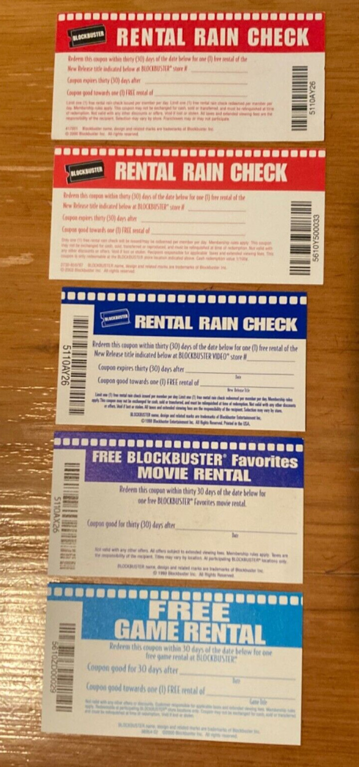 5 DIFFERENT ORIGINAL VINTAGE BLOCKBUSTER VIDEO MOVIE RENTAL COUPONS No Value
