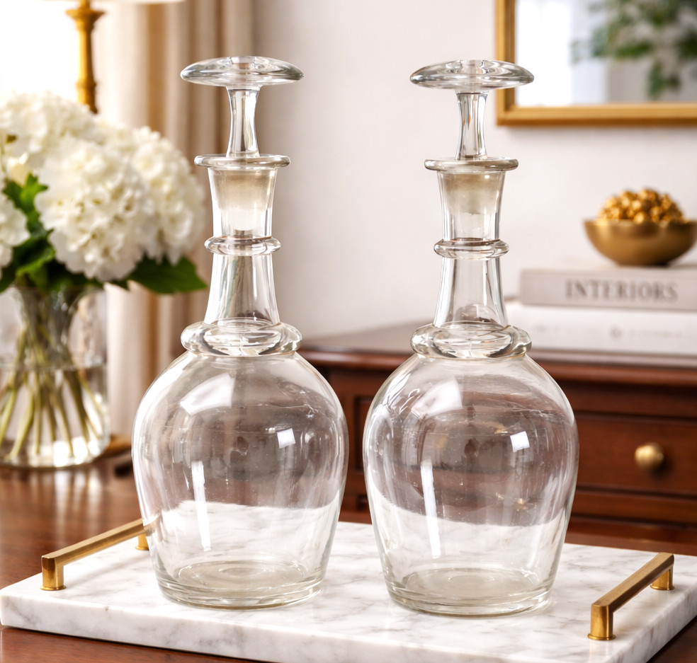 Nice Pair of 19th Century Antique Handblown Large Clear Glass Decanters Barware