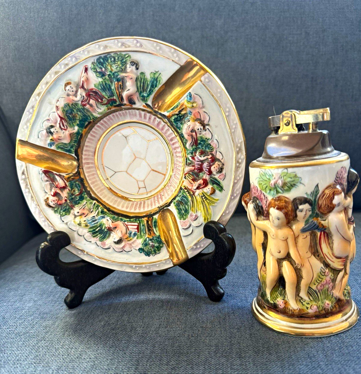 Capodimonte Made in Italy ashtray and Porcelain Lighter Cherub Design numbered Capodimonte Made in Italy ashtray and Porcelain Lighter Cherub Design numbered