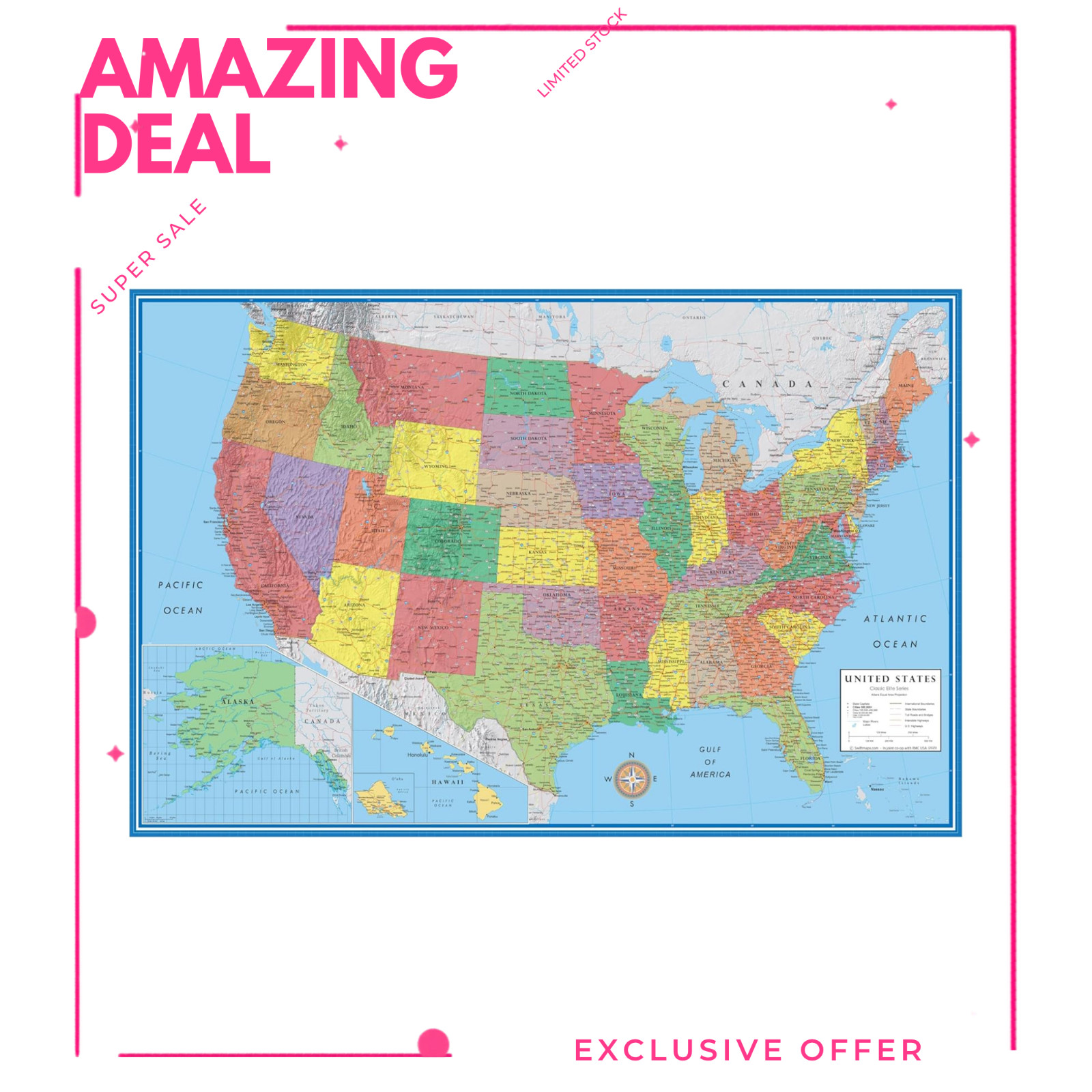 NEW 48x78 USA Wall Map Laminated Classic Elite United States Large Wall Map