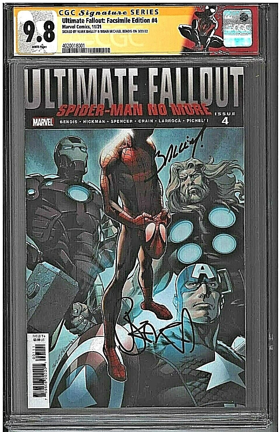 CGC 9.8 ULTIMATE FALLOUT #4 ➡️FACSIMILE⬅️ Signed 2X MARK BAGLEY & BRIAN M BENDIS