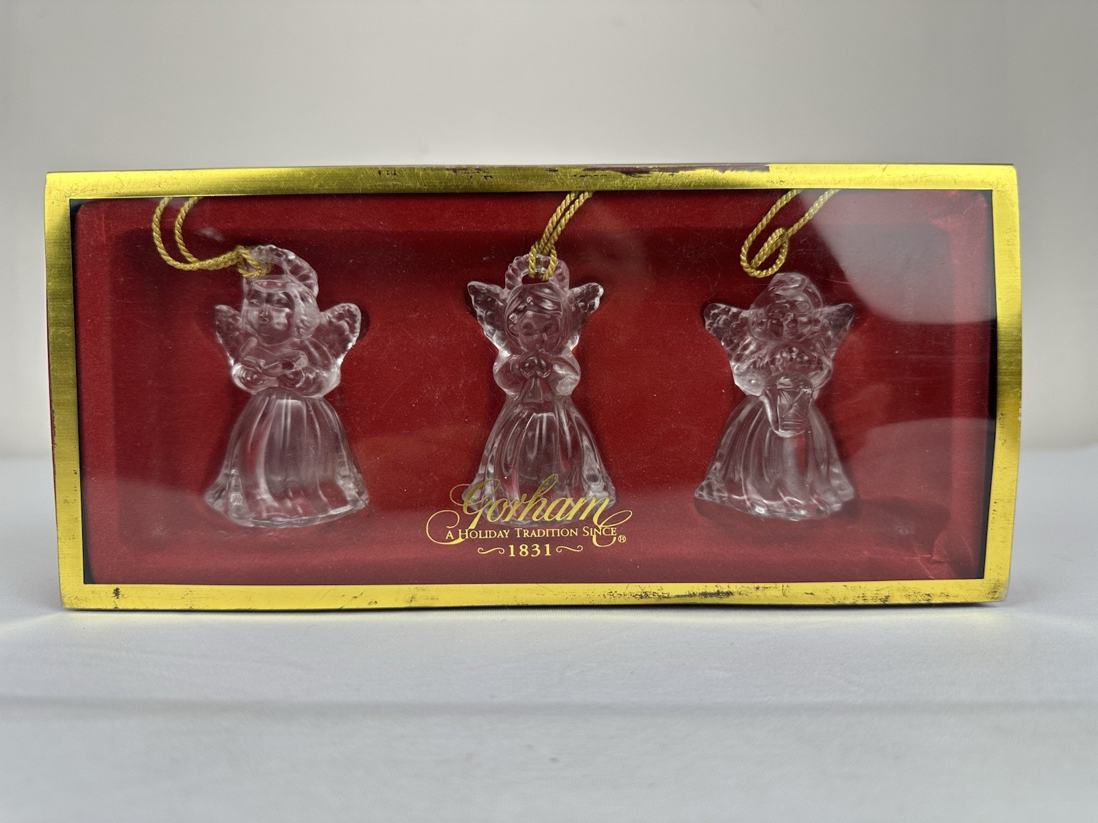 Set of 3 Gorham Crystal Glass Christmas Winged Angel Ornaments Gold Tassels