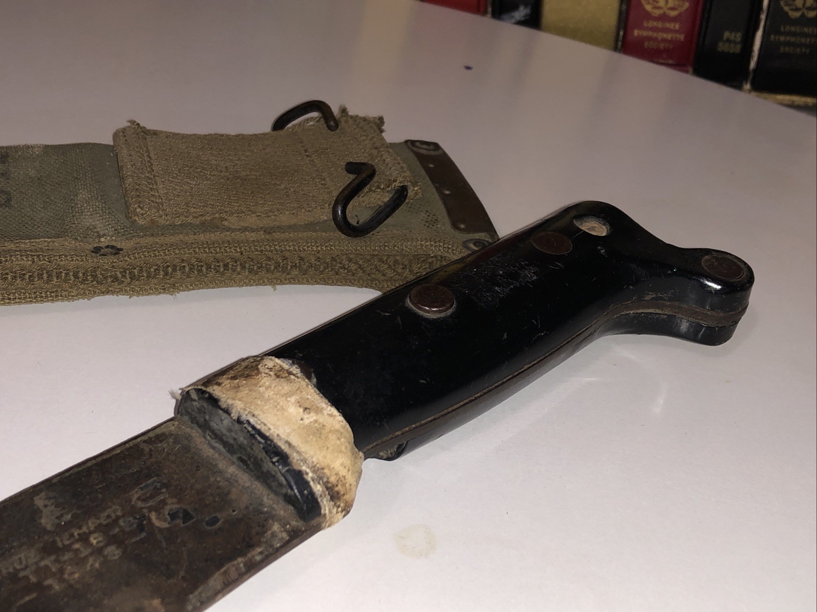 MTB-True Temper TT-18 1942 USA Military Machete w/ US BM Co 1942 Canvas Scabbard MTB-True Temper TT-18 1942 USA Military Machete w/ US BM Co 1942 Canvas Scabbard