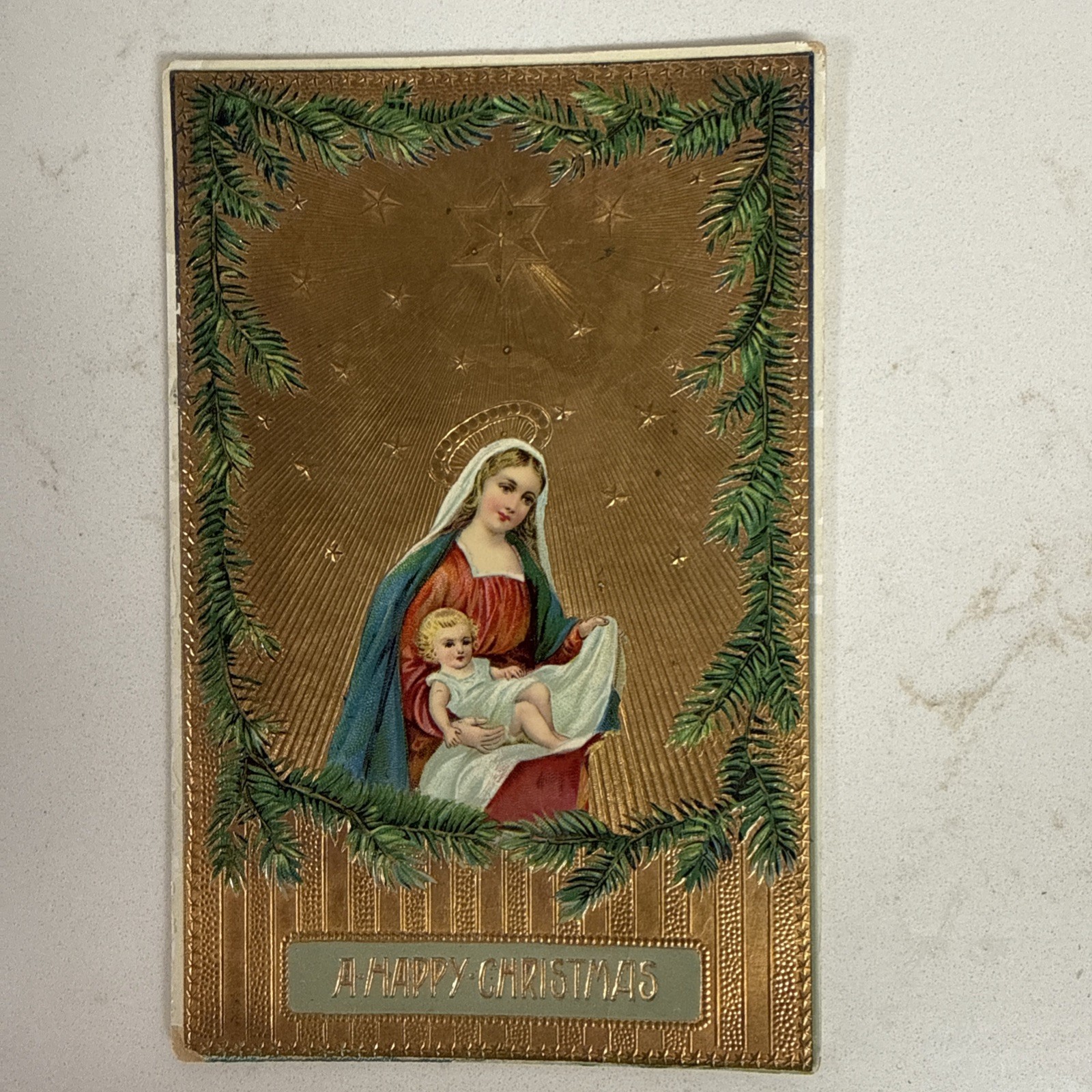 1910 Antique Christmas Jesus Mary Embossed Gold Gilt Gel Postcard Germany