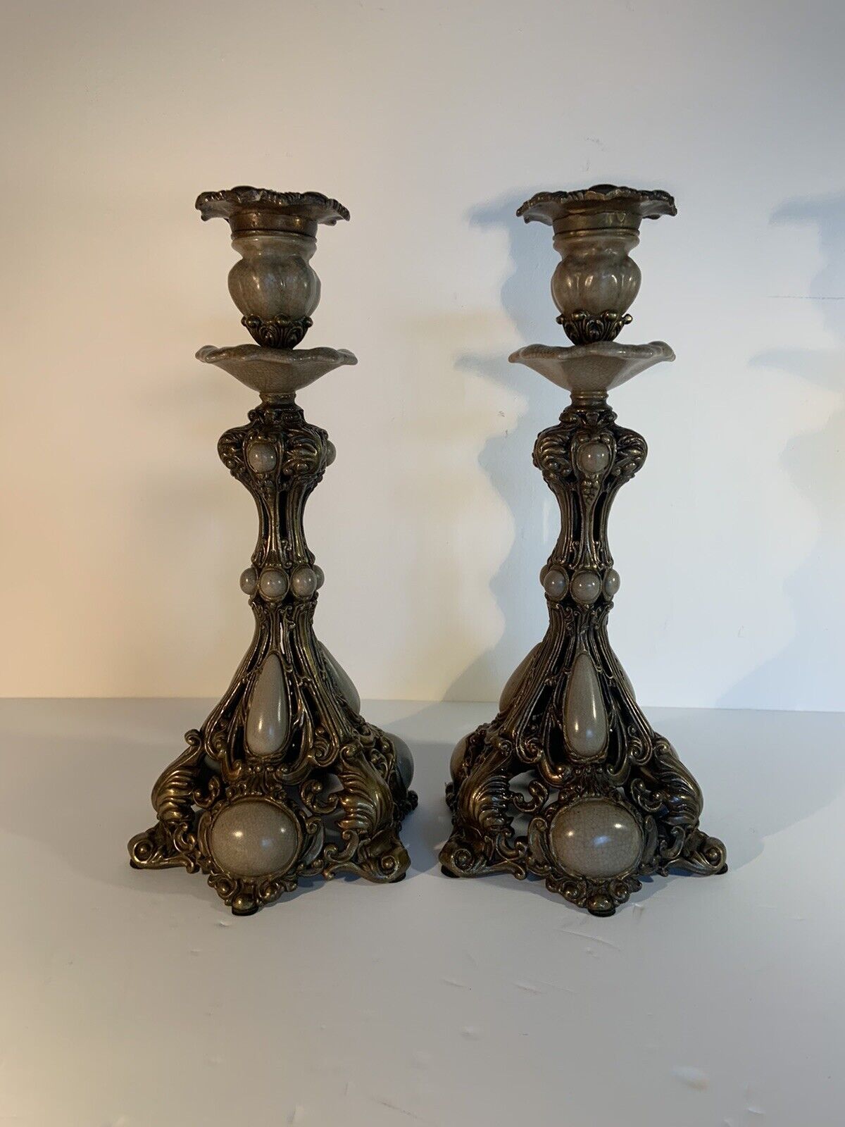 Pair Of VTG  Unique Brass/ Bronze  Ceramic Candleholders 