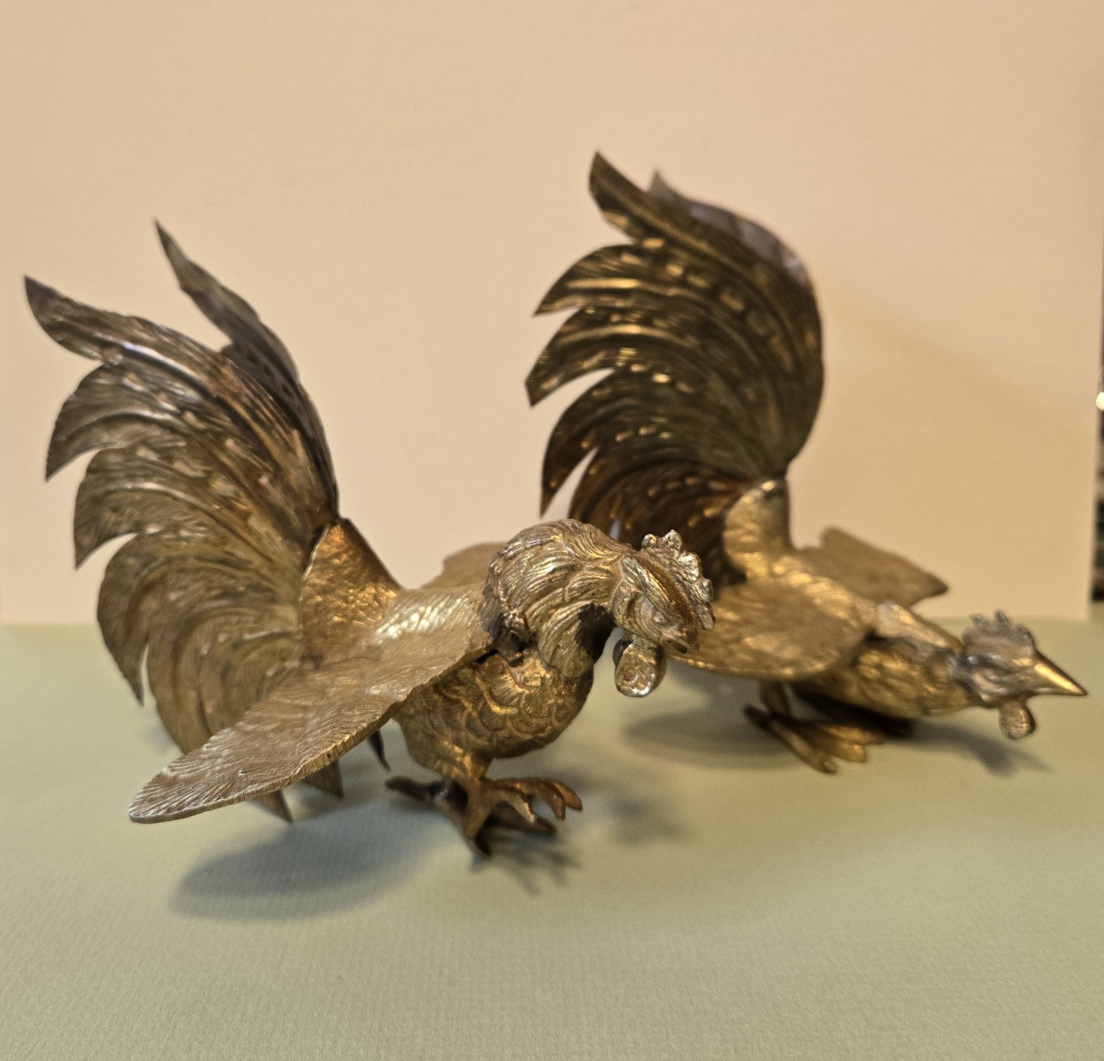 Vintage Pair of Brass Fighting Cocks/Roosters Mid Century Made in Italy