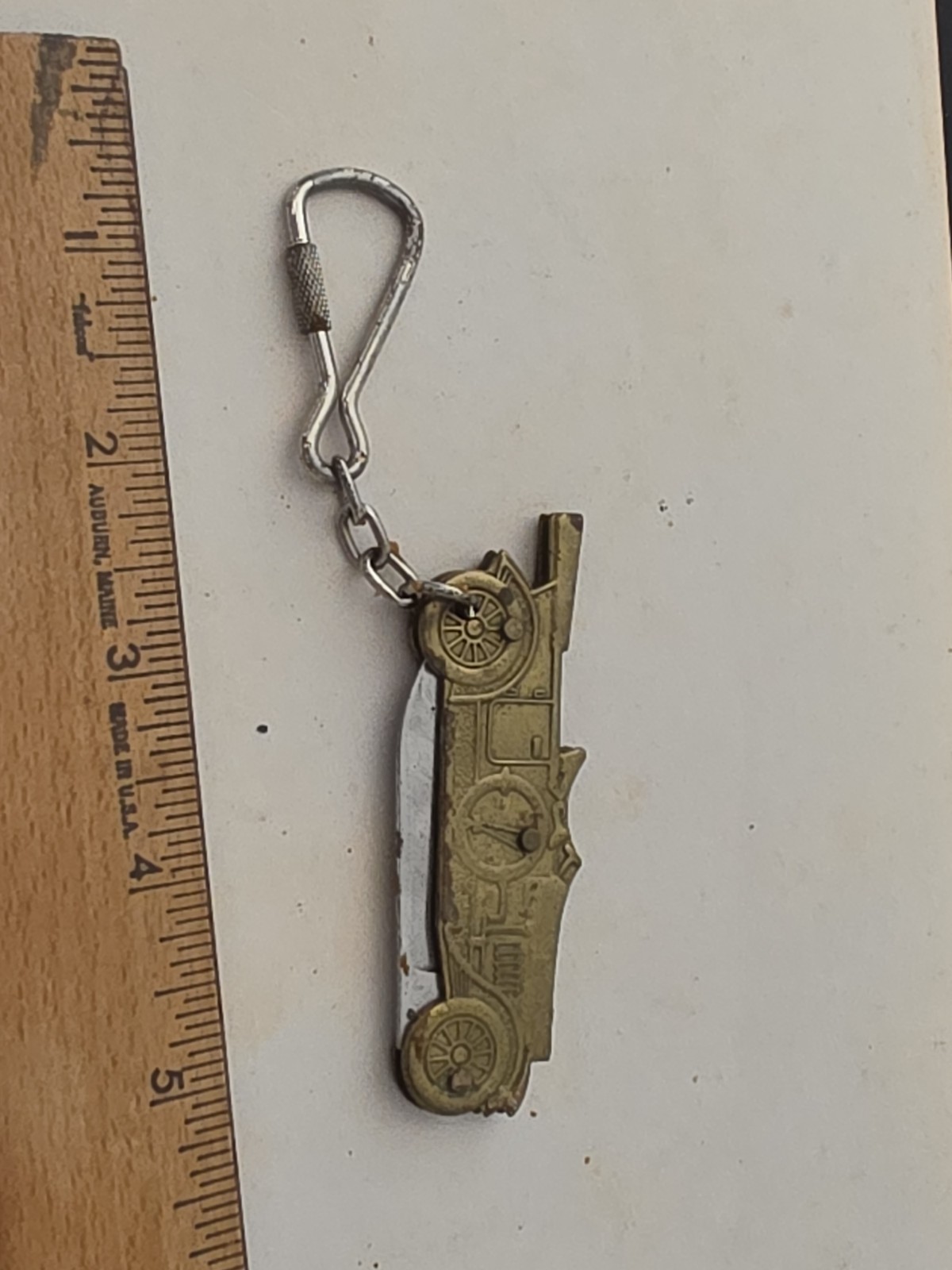 Vintage Antique Car 5” Open Pocket Knife Key Chai Brassy Tone Stainless 2” Blade