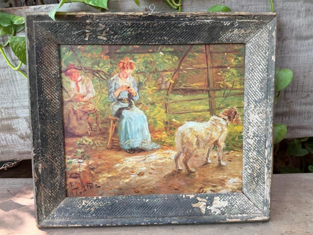 Vintage Framed Genre Scene Art Print Woman & Dog Rustic Cottage Wall Decor