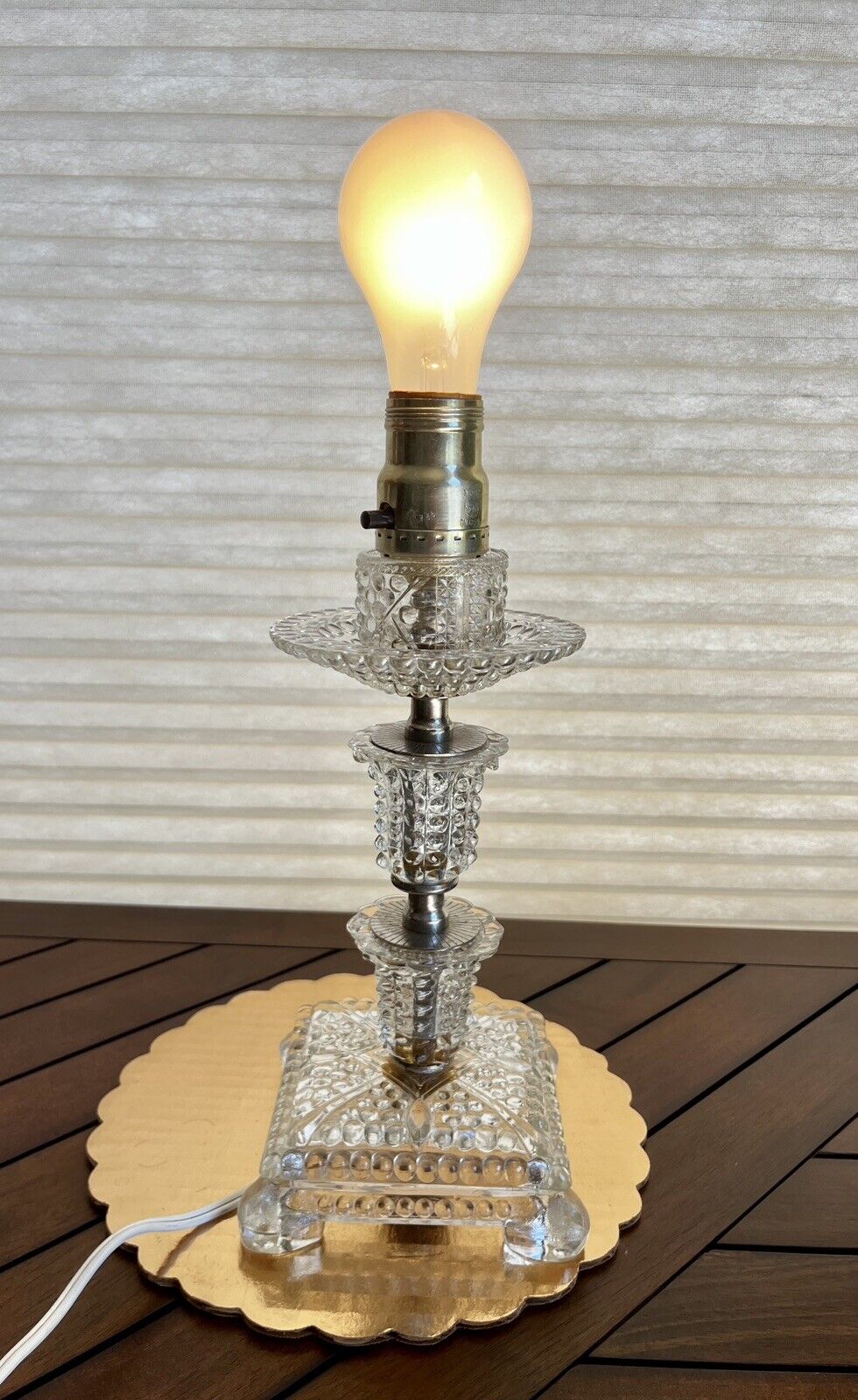 Vintage Hobnail Clear Glass 11.5” Tall Electric Vanity Table Lamp Silver Decor