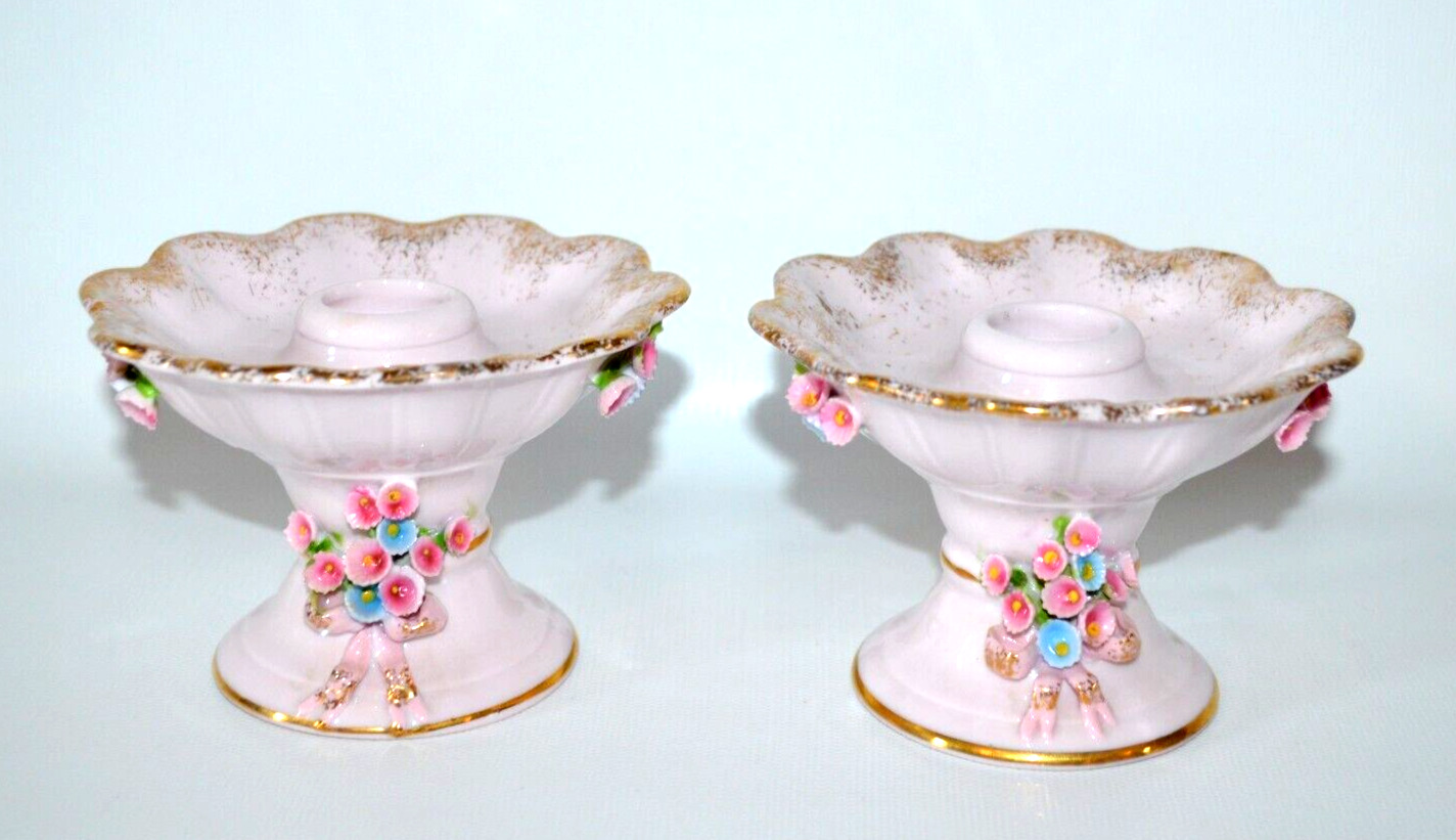 Vintage Pair Of Pink Porcelain Taper Candle Holders w/ Raised Flowers