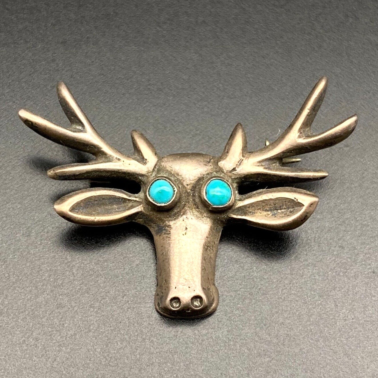 Vintage Navajo Native Turquoise Deer Sandcast Silver Brooch Pin