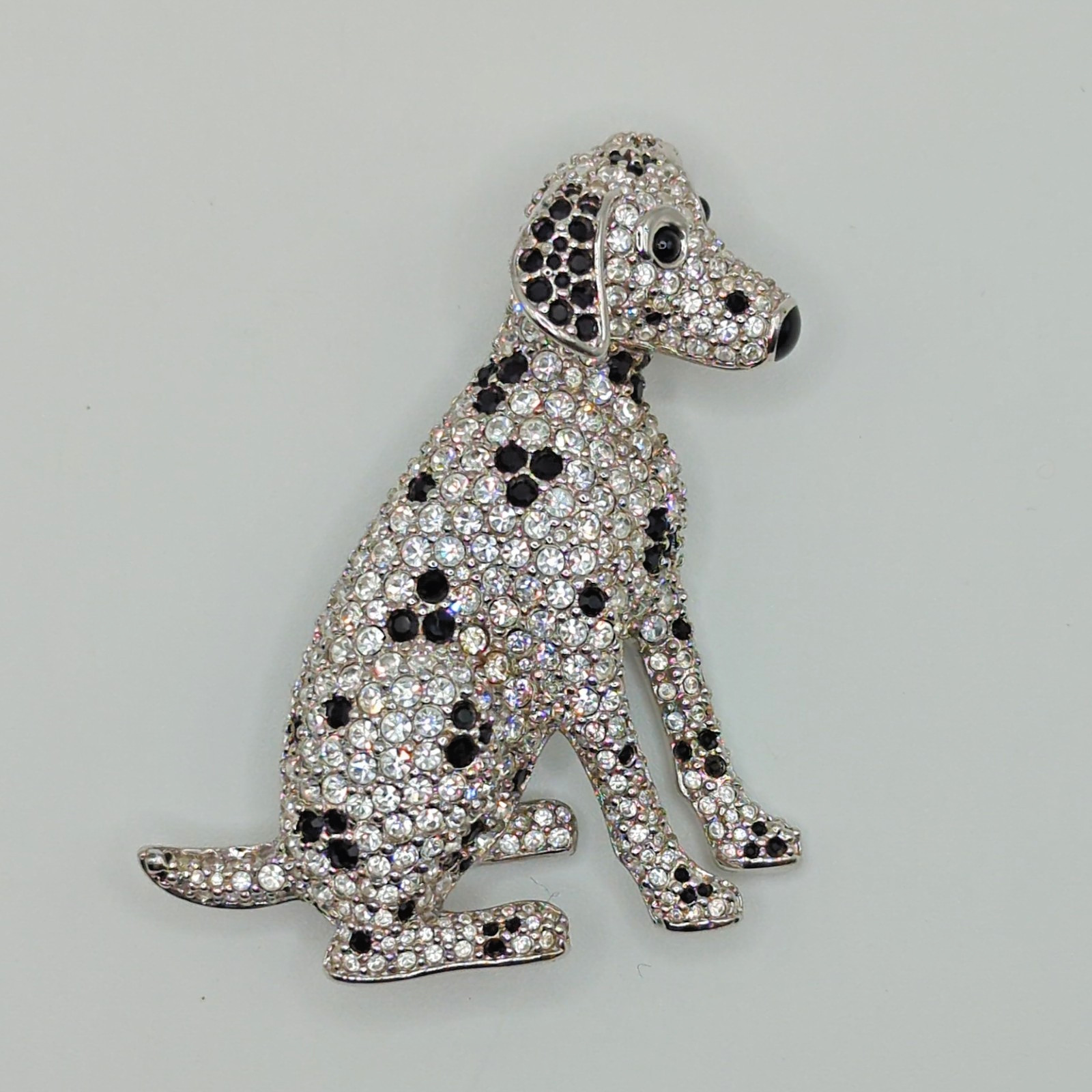SWAROVSKI CRYSTAL BROOCH PIN BLACK SILVER TONE DALMATION DOG Vintage SWAN SIGNED