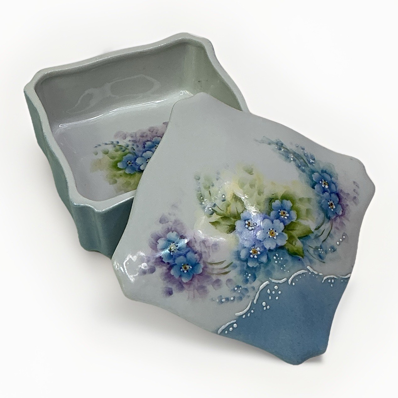 Handpainted Porcelain Forget-Me-Not Flowers Covered Trinket Box Signed N. Albury