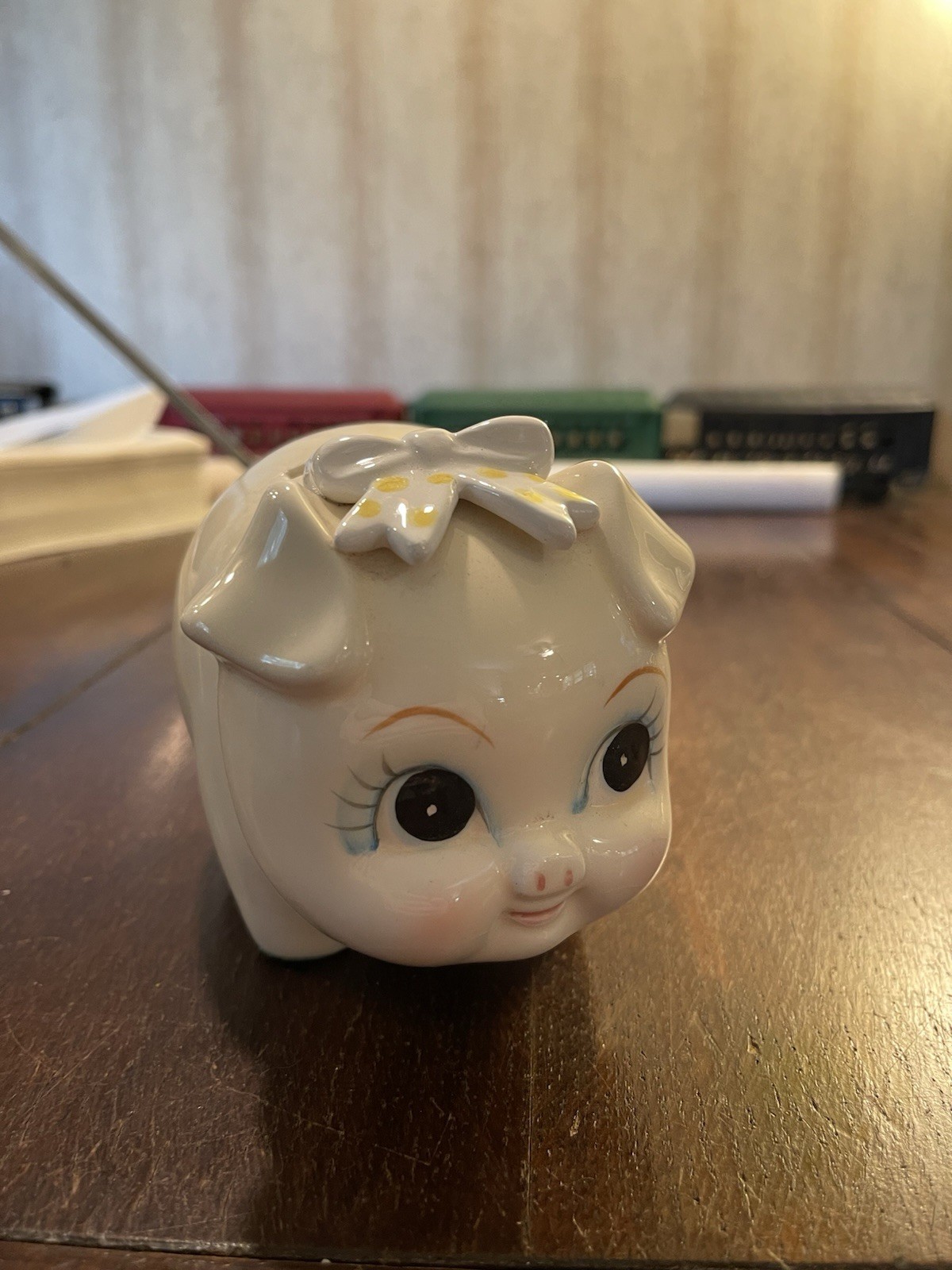 VINTAGE Lefton China Piggy Bank Coin Bank Yellow Bow Pink Cheeks Adorable VGC