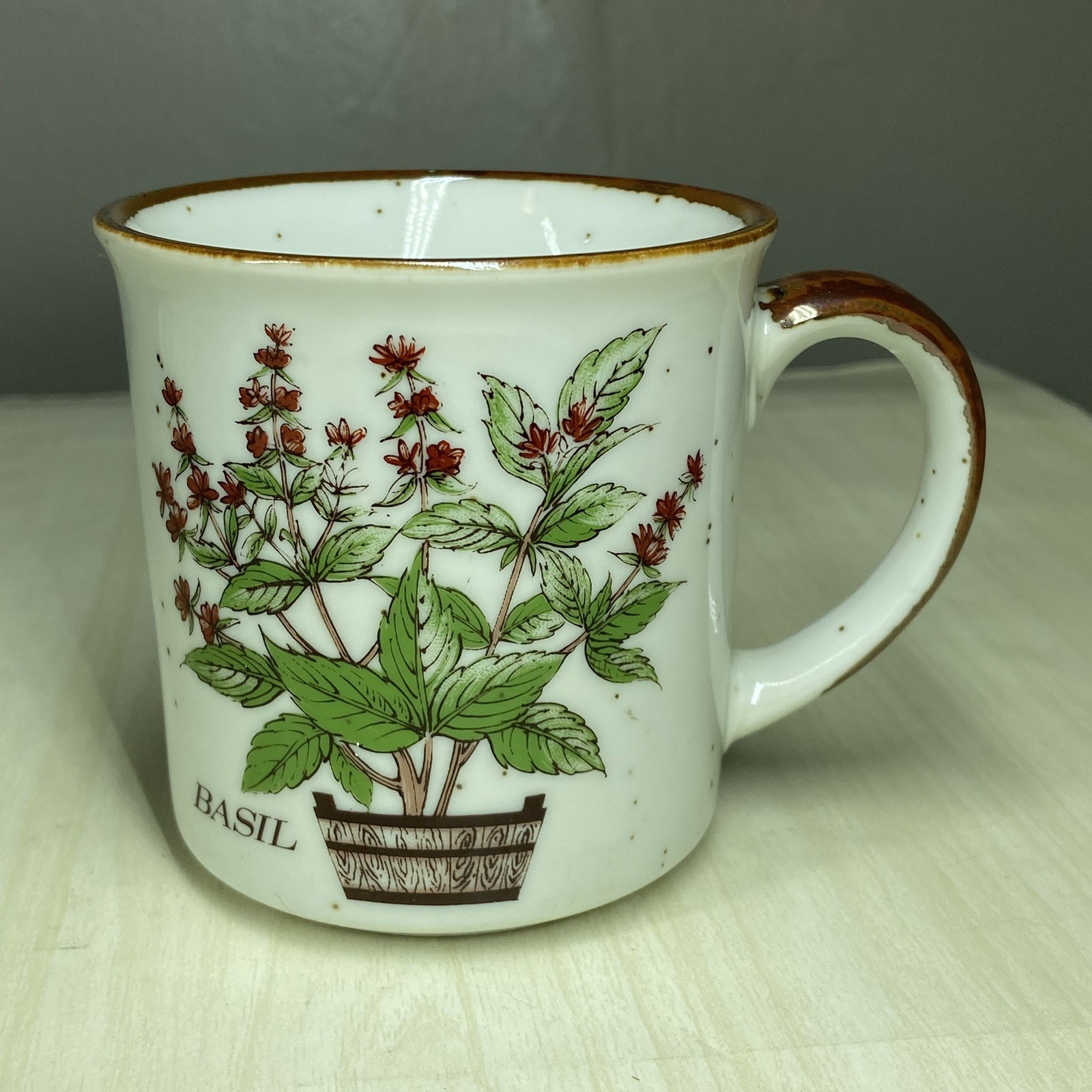 Vintage BASIL Brown Speckled Mug Coffee Tea Herbs 1970s Gardening Cottage Core Vintage BASIL Brown Speckled Mug Coffee Tea Herbs 1970s Gardening Cottage Core