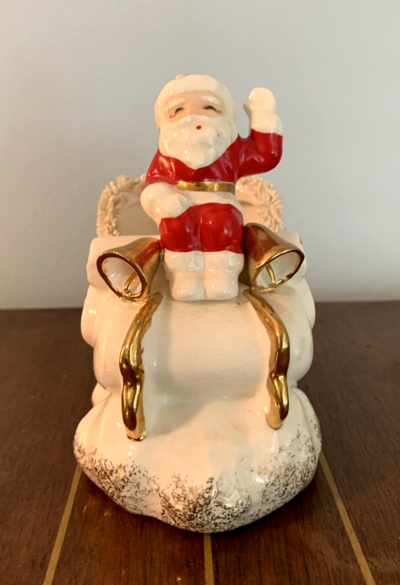 VINTAGE NAPCO S860L SANTA SLEIGH PLANTER, SPAGHETTI TRIM, JAPAN, USED-VG