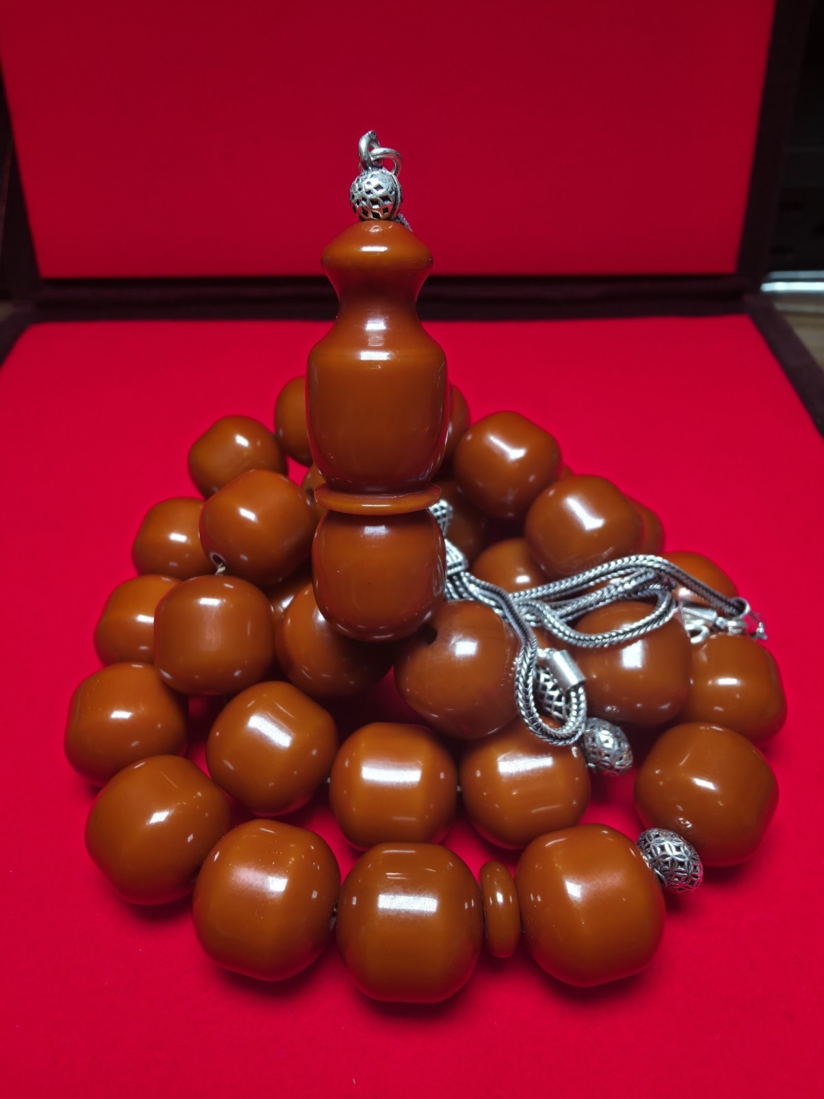 Vintage Brown Sandalwood Sandalos Misbaha 33 Beads 15m Sterling Silver 925Tassel