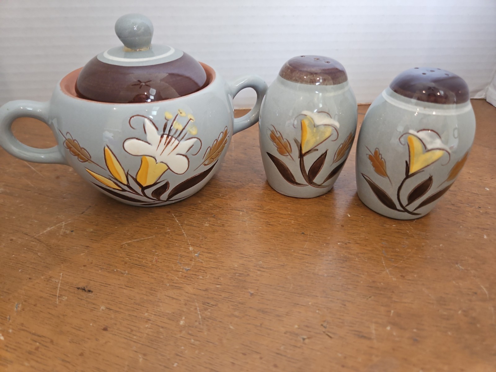 VTG 50s STANGL Stanglware Lidded SUGAR BOWL Salt/Pepper Shakers GOLDEN HARVEST