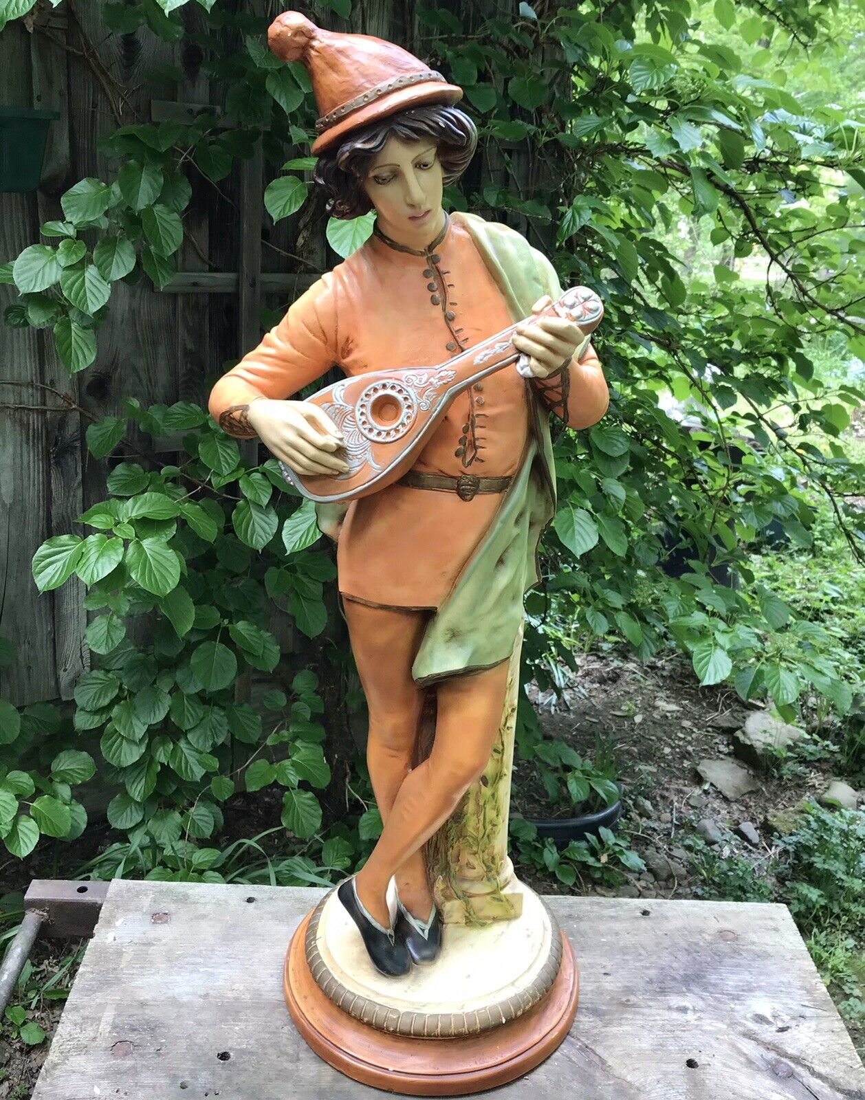 LARGE 36” Vtg MCM Lute Player Musician Minstrel Statue Pottery Garden Ornament