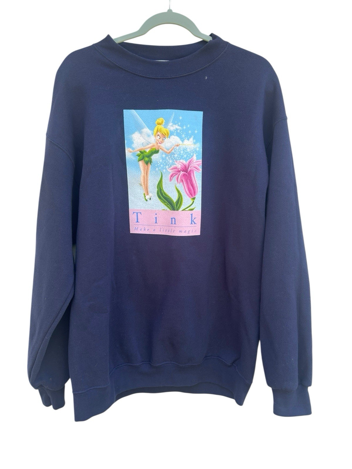 VTG Disney Store Tinkerbell Adult Large Graphic Sweatshirt Crew Neck Navy USA