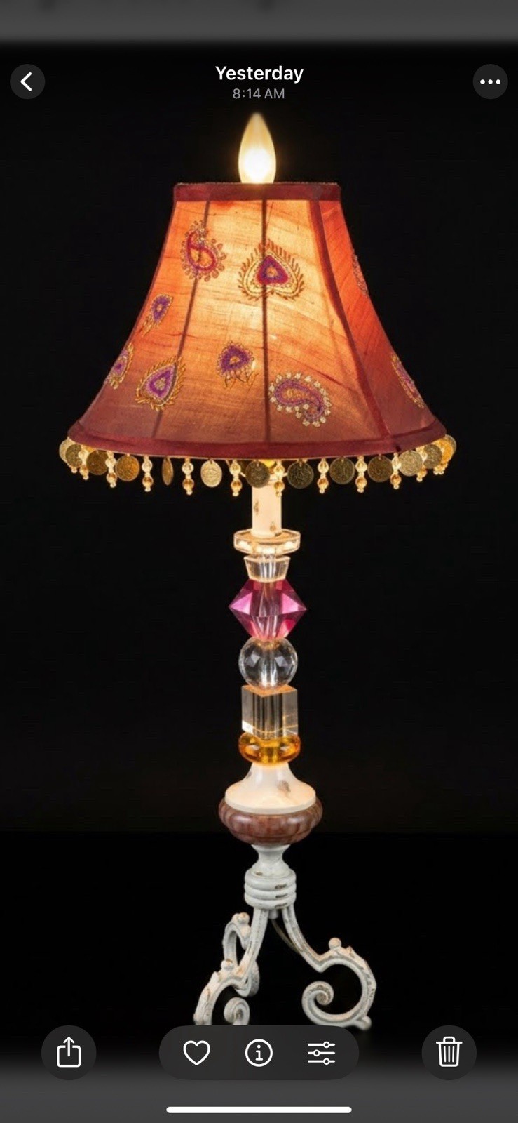 Vintage Bohemian Stacked Glass Table Lamp Red Embroidered Beaded Fringe Shade 30