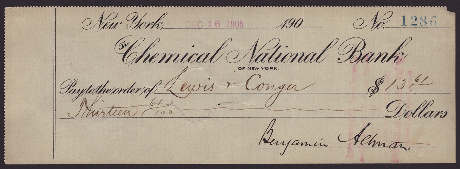BENJAMIN ALTMAN - AUTOGRAPHED SIGNED CHECK 12/16/1905
