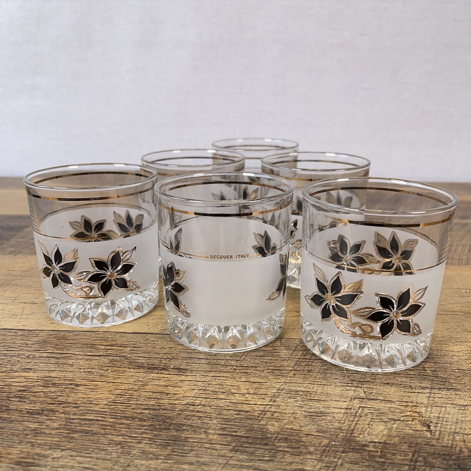 6 Vintage Decover Italy Black Floral Flower Frosted Low Ball Drink Glasses