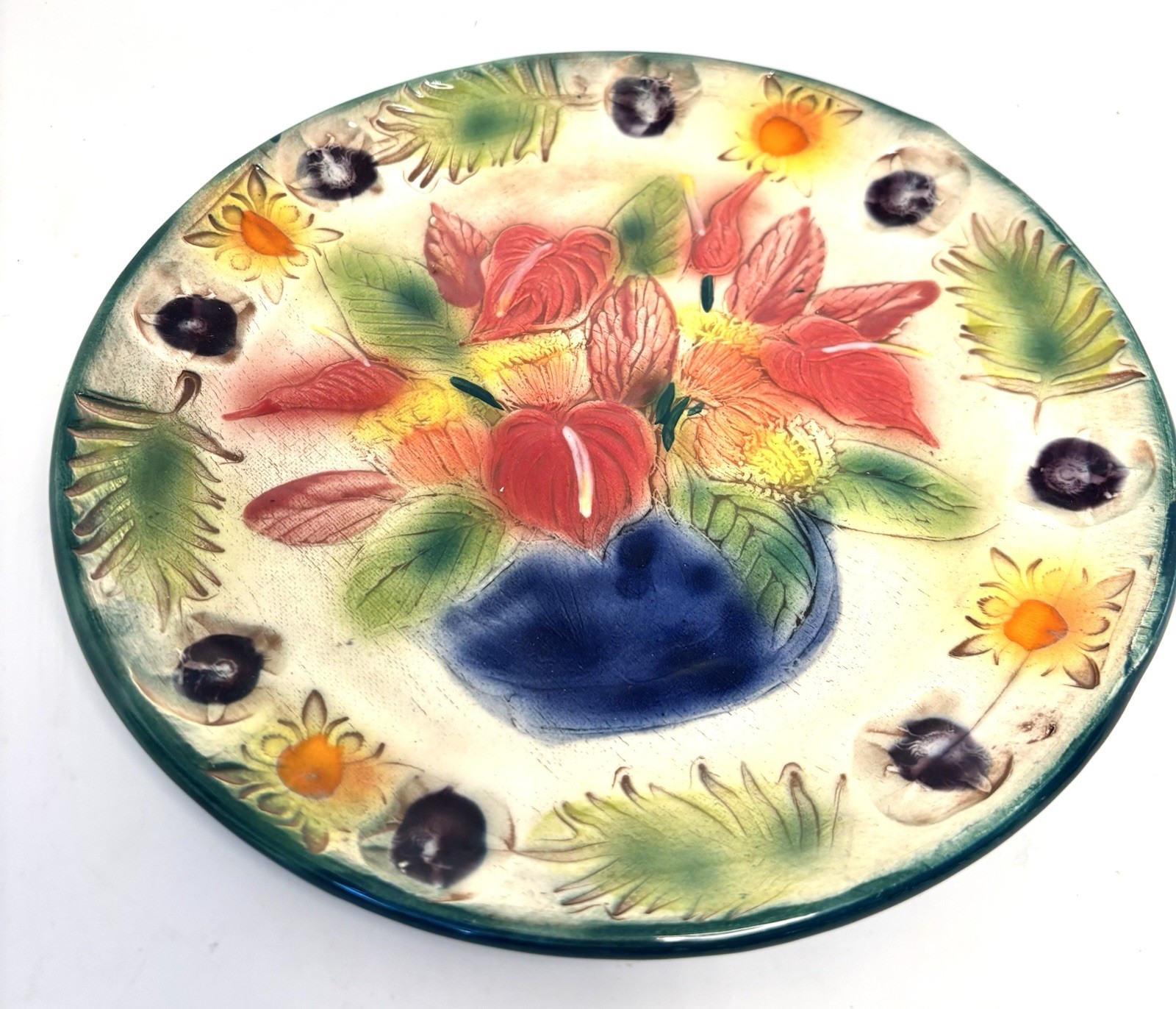 Kani of Hawaii Handmade Tropical Floral Majolica 9 3/4” Plate Ceramic