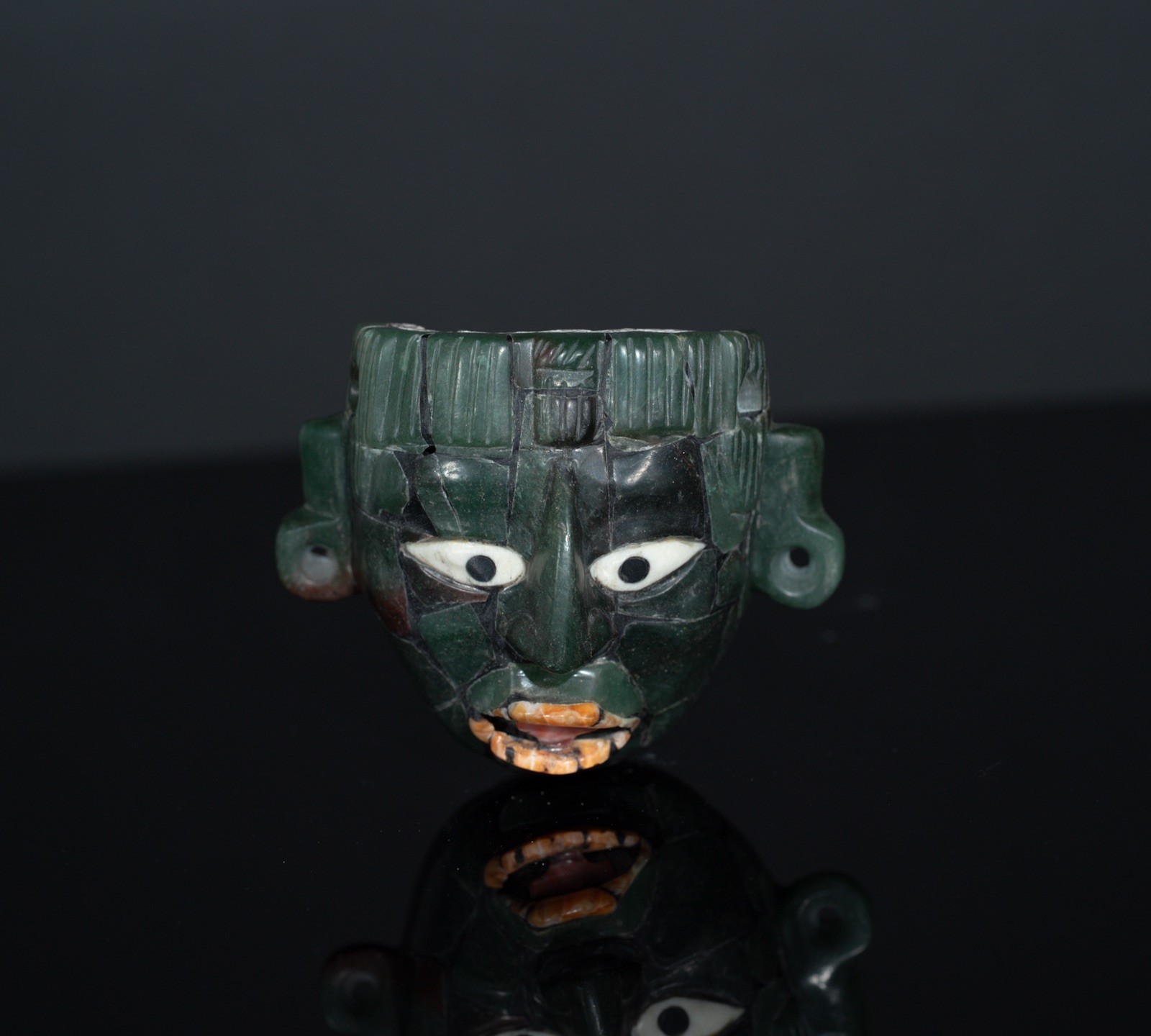Contemporary Mayan mask pendant Handmade Guatemalan Jade with Shell &Bone Inlays
