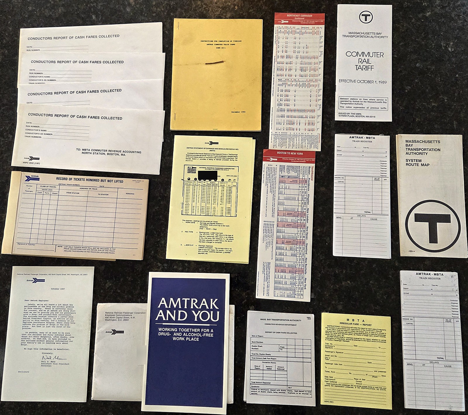 Amtrak MBTA Commuter Rail Conductor Paperwork Lot 1986-92 Timetables Route Map