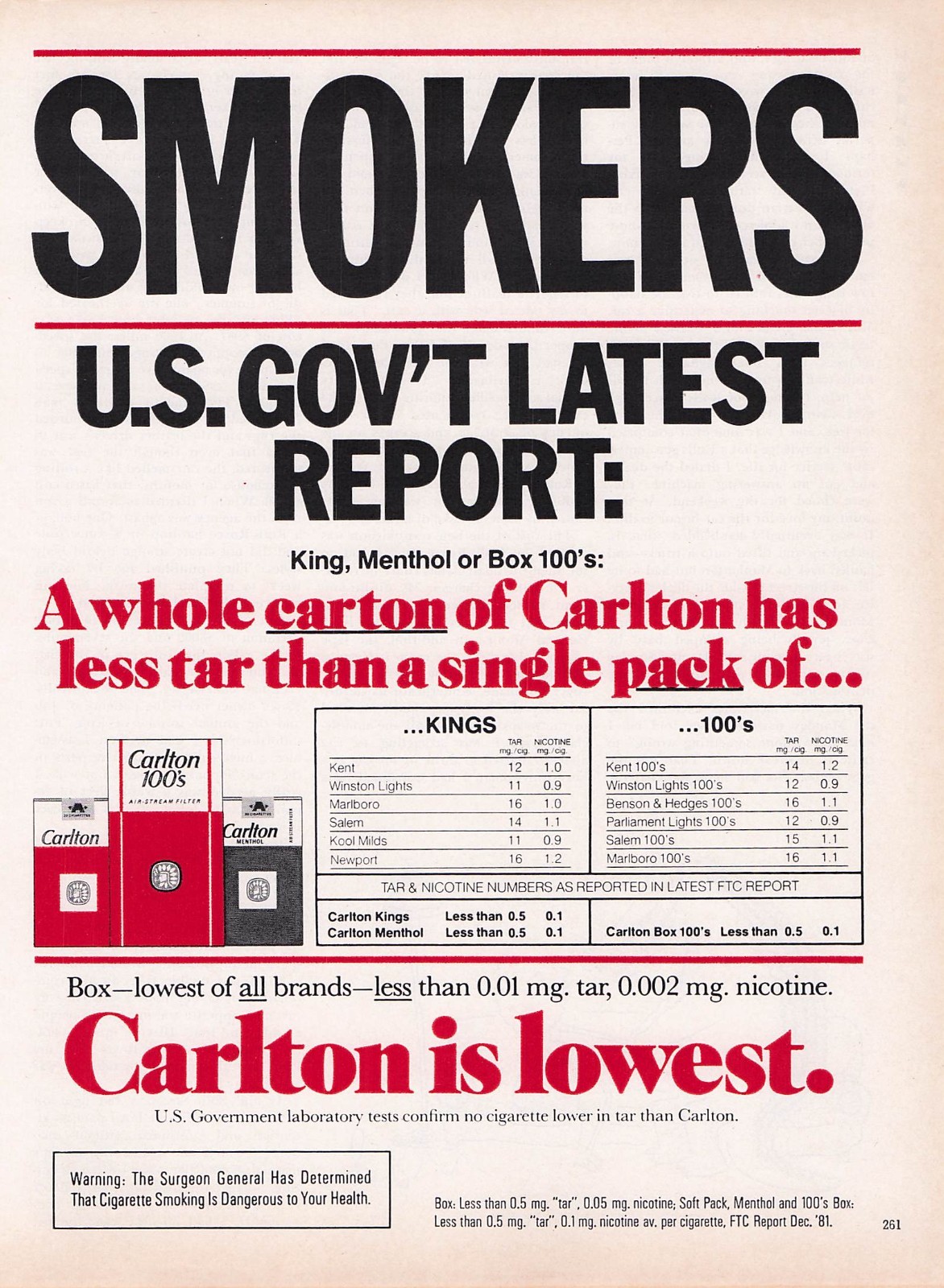 Vintage 1982 Carlton Cigarettes Print Ad Smokers U.S. Gov\'t Report Lowest Tar