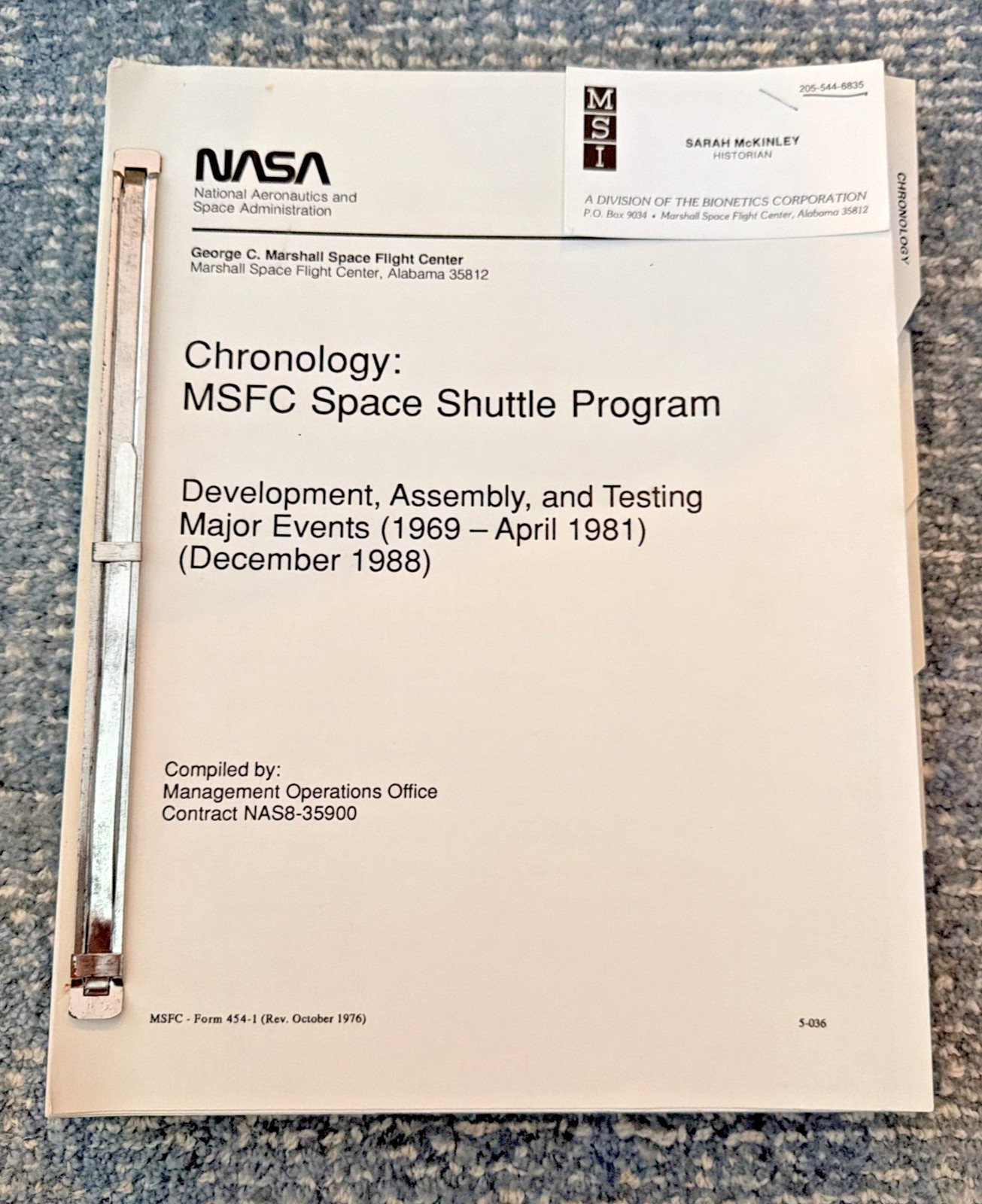 RARE Dec 1988 NASA Marshall MSFC Space Shuttle Program Chronology Book MHR-15